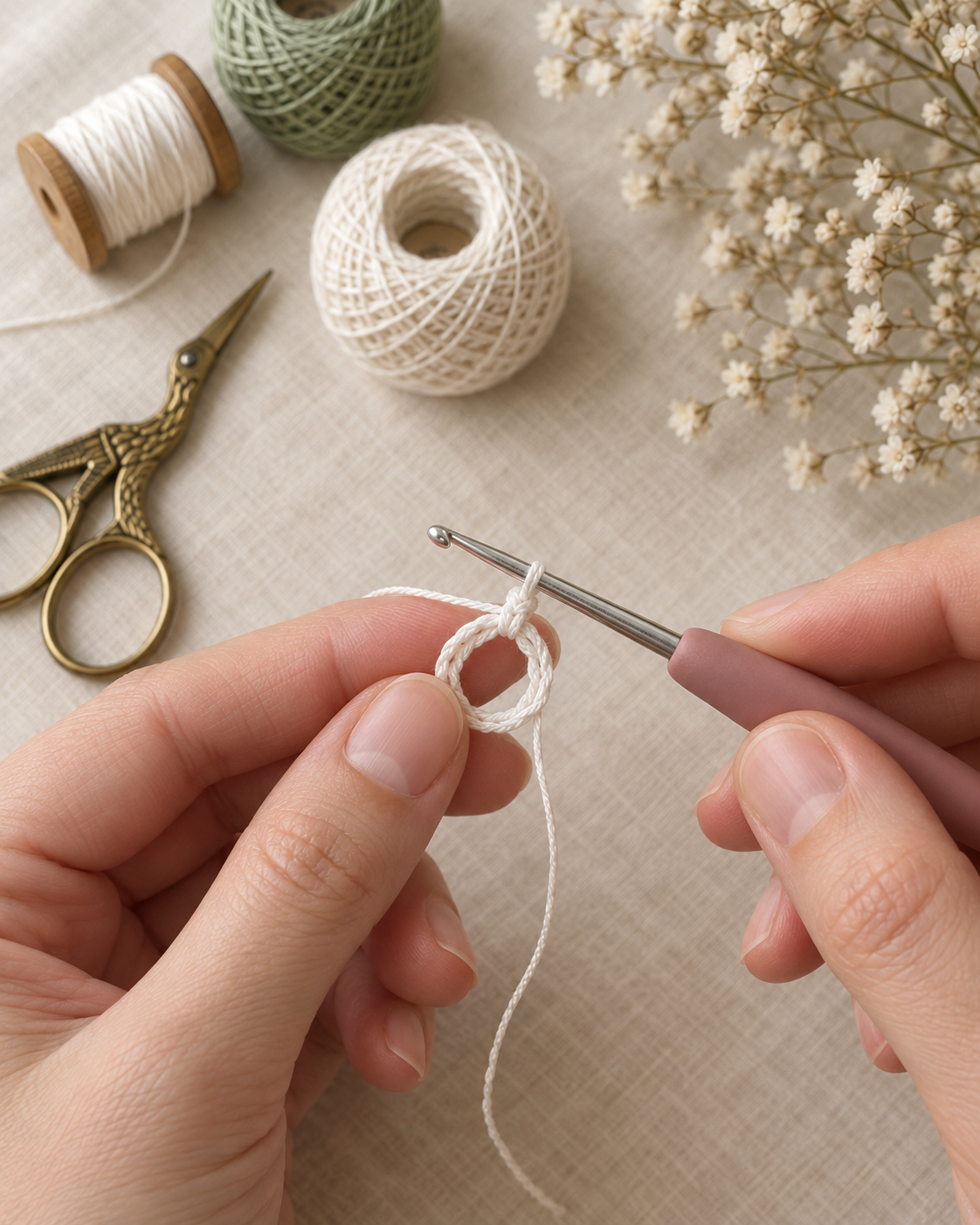 Hand starting a magic ring in white size 20 cotton thread on a 1.25 mm steel crochet hook, ready to work the first bobble
