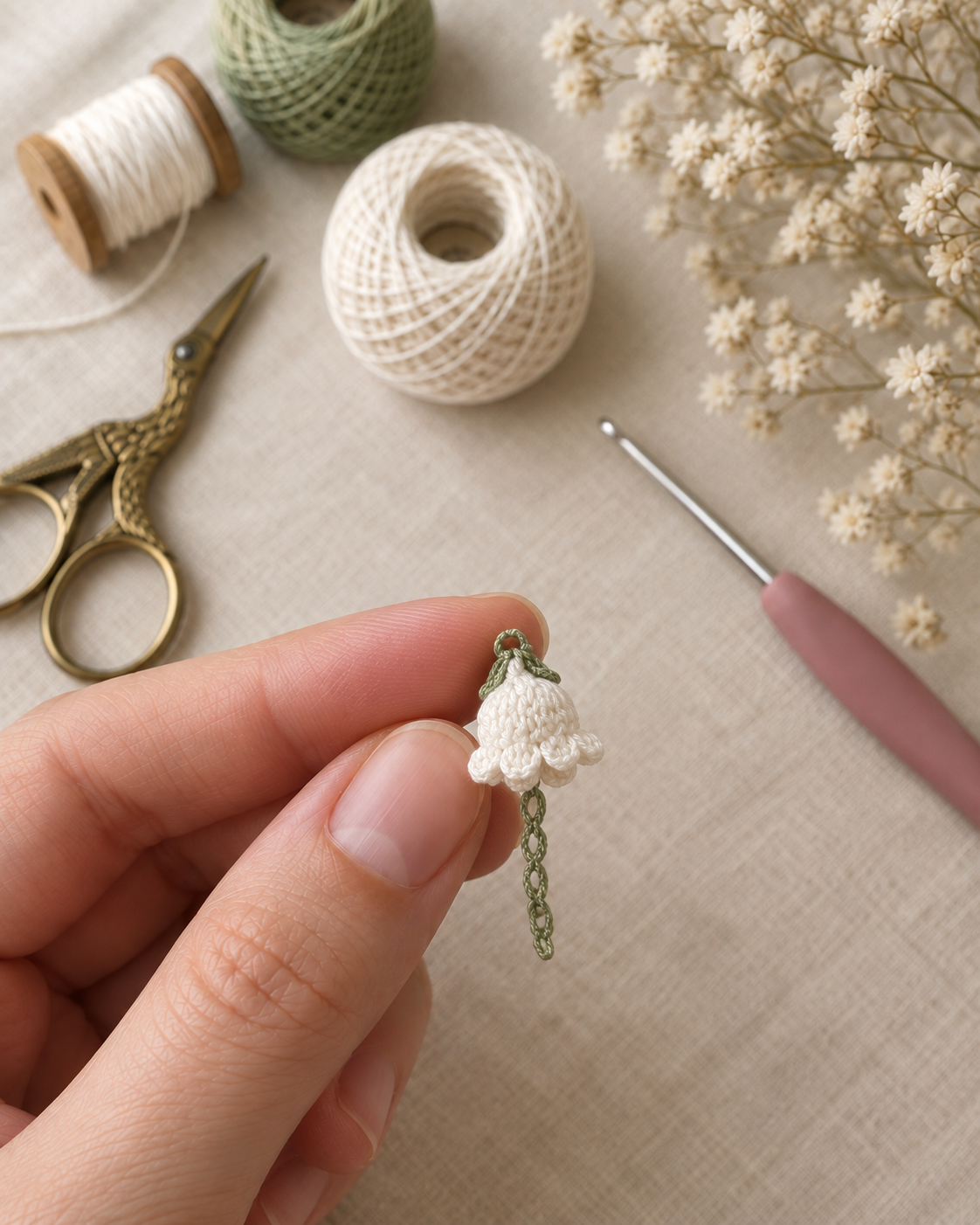 One finished white bell flower pinched between thumb and forefinger showing the domed bobble and green chain stem hanging below