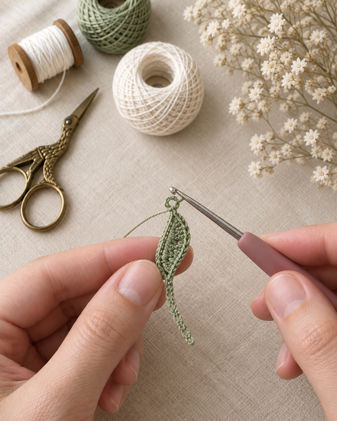 Hand working a sage green picot leaf on the 1.25 mm hook, foundation chain visible with stitches worked up one side and the picot tip forming