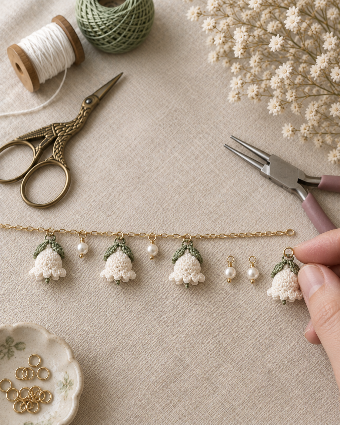 Flat gold chain across cream linen with three finished bell clusters attached and two pearl spacers already hanging between them, hand holding the fourth cluster ready to add