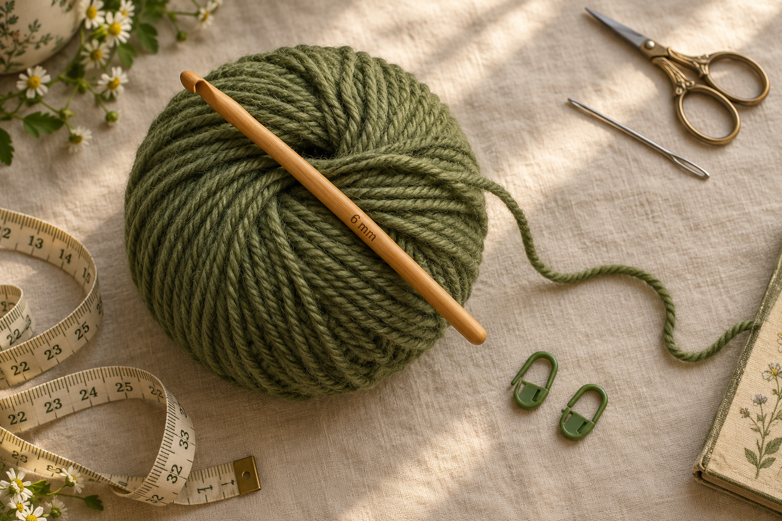 Overhead flat-lay of a large ball of muted olive-green worsted-weight wool yarn on a cream linen surface with a 6 mm honey-colored wooden crochet hook resting diagonally across the yarn, a soft measuring tape unspooled on the left, small gold-handled scissors and a silver tapestry needle in the top-right corner, two green locking stitch markers beside, small chamomile flower sprigs in the upper-left corner, warm afternoon window light, cottagecore craft-magazine styling, photorealistic yarn texture