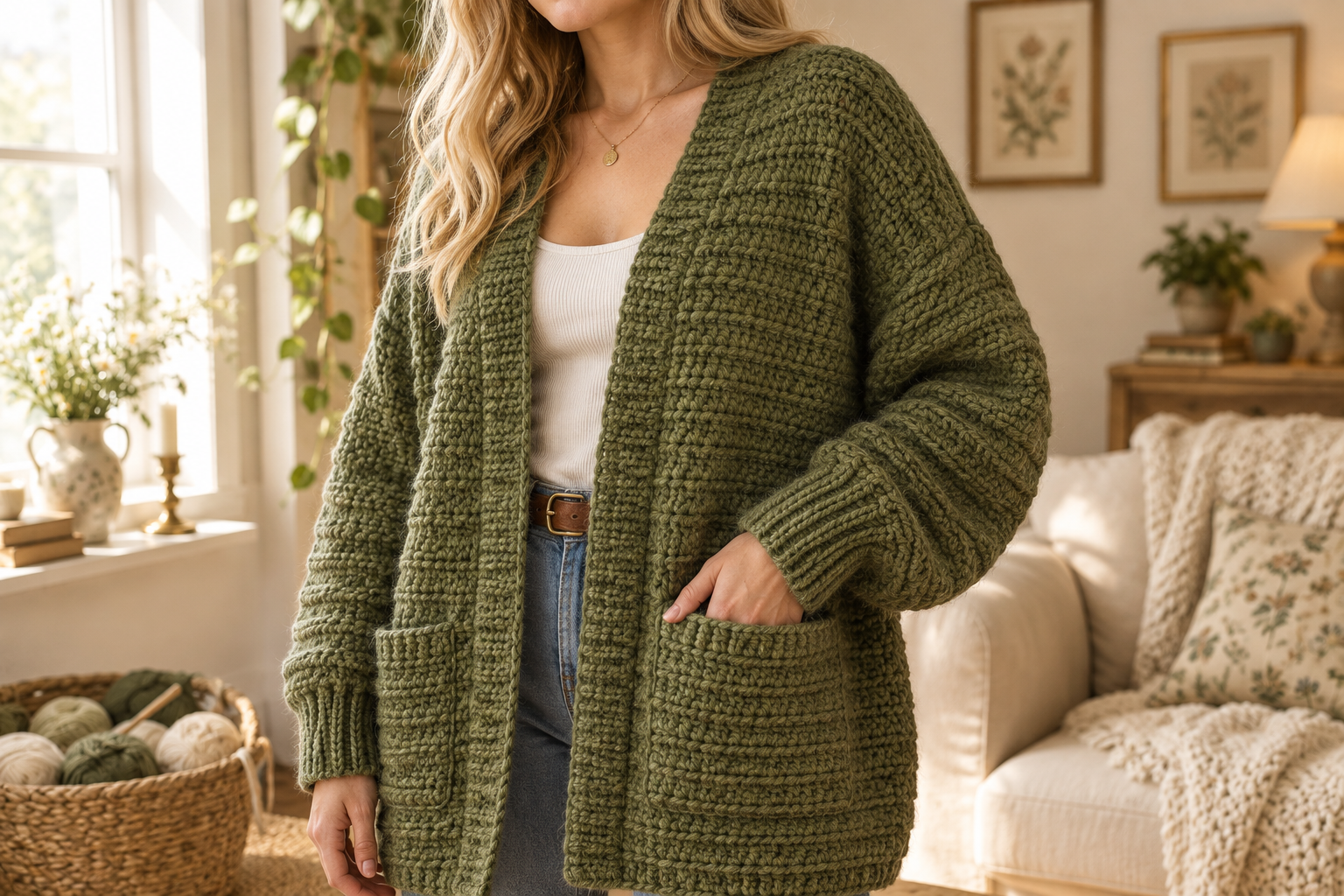 A model wearing the finished long olive-green crochet cardigan open in front over a white ribbed tank top and belted jeans, one hand tucked into a deep front patch pocket showing the pocket construction and the drop-shoulder oversized fit, ribbed cuff on the sleeve visible, warm cream cottagecore living room background with a woven basket of olive and cream yarn balls in the corner, cream sofa with floral cushions, natural window light from the left, editorial fashion photography, shallow depth of field