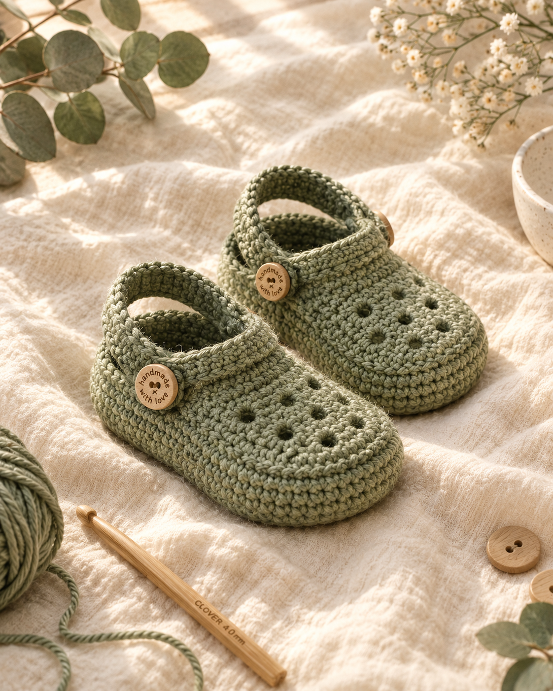 Pair of sage green crochet baby crocs with signature air holes on the toe, flip-back heel straps, and small round wooden 'handmade with love' buttons, styled on cream muslin with eucalyptus branches and baby's breath sprigs
