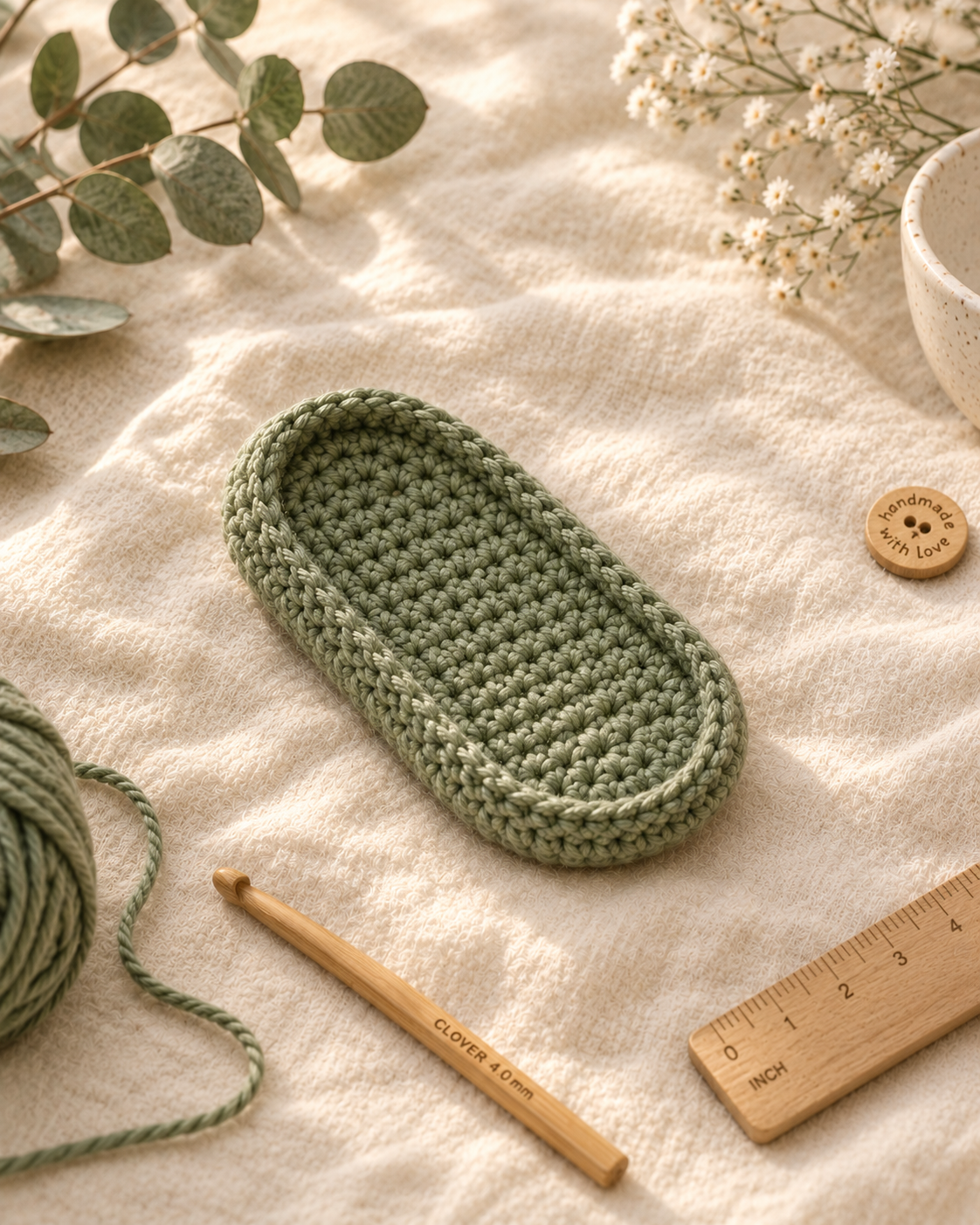 Flat-lay of one sage green crochet oval baby-croc sole showing the classic elongated shape with a crisp BLO fold ridge, wooden ruler and 4 mm bamboo Clover hook nearby on cream muslin with eucalyptus and baby's breath in the corners