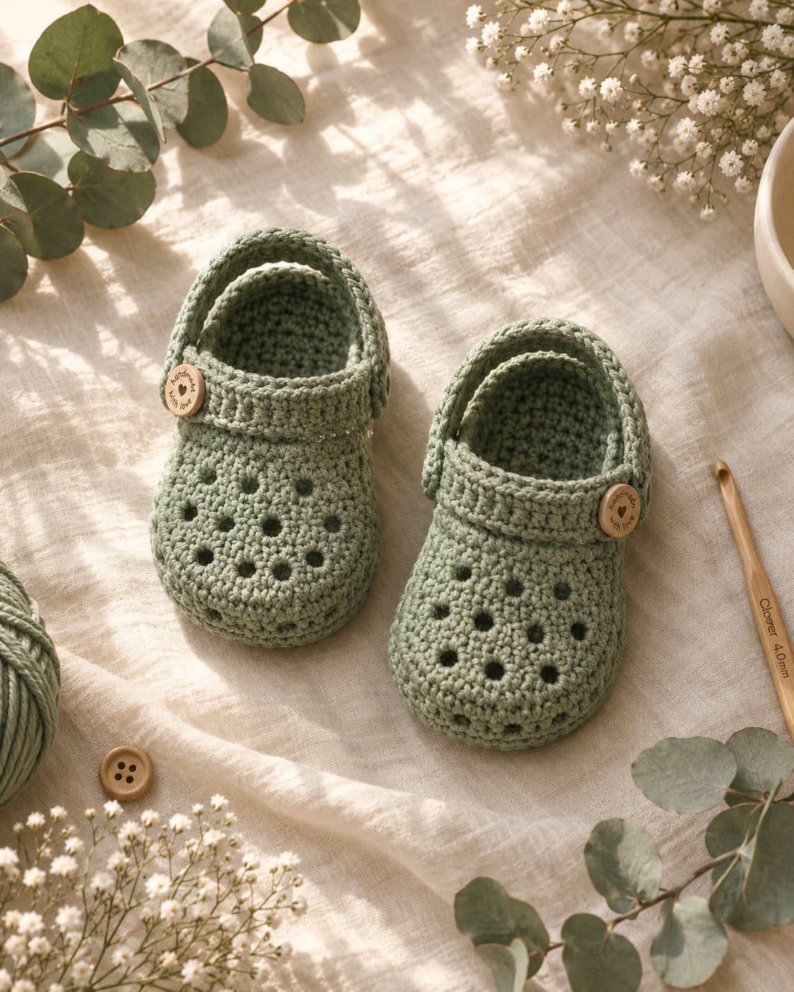 Finished pair of sage green crochet baby crocs viewed from above showing the signature air holes on both toe caps, flip-back heel straps swung up over the ankle openings, and small round wooden 'handmade with love' buttons on each side, styled on cream muslin with eucalyptus branches and baby's breath framing the shot