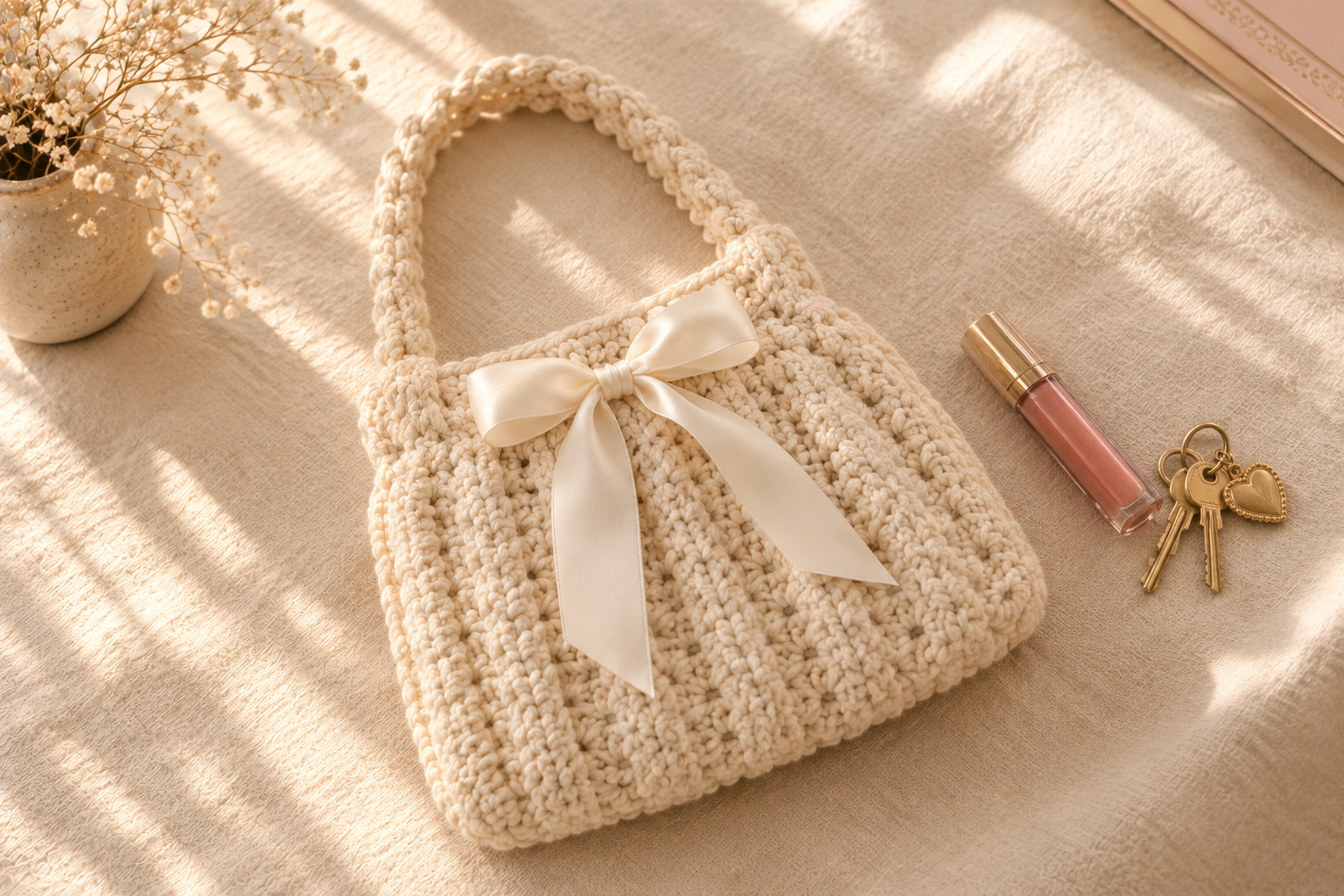 Cream cotton mini crochet handbag with vertical ribbed cable texture and a satin ivory ribbon bow, styled with a lipgloss tube and gold keys on cream linen