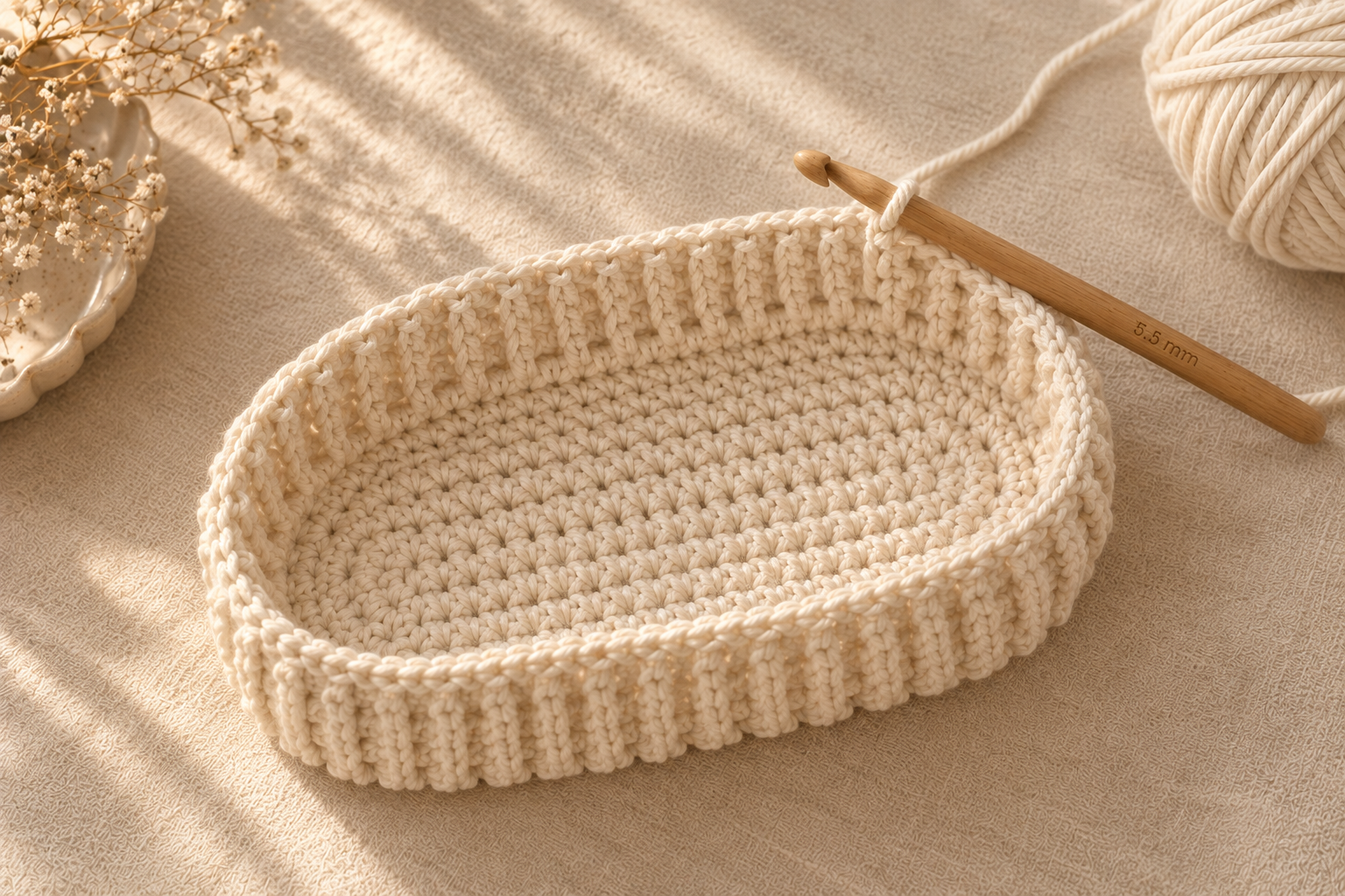 Oval crochet base with the first three rounds of ribbed HDC back-loop-only texture rising from it, a 5.5 mm oak crochet hook mid-stitch on cream linen