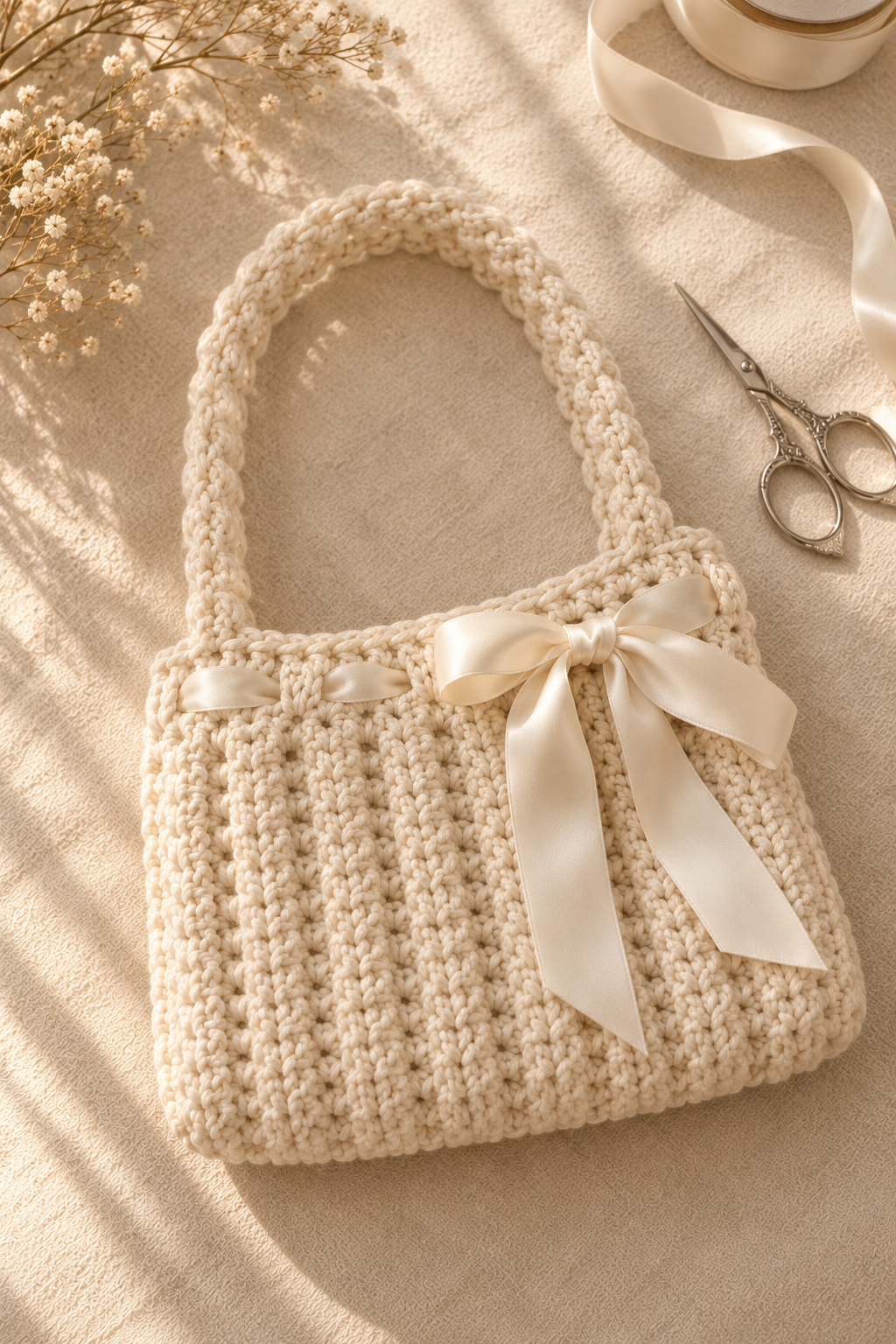 Close-up of the finished cream mini crochet bow bag with a soft ivory satin ribbon threaded through the top round and tied in a bow, with vintage silver scissors and a length of ribbon nearby