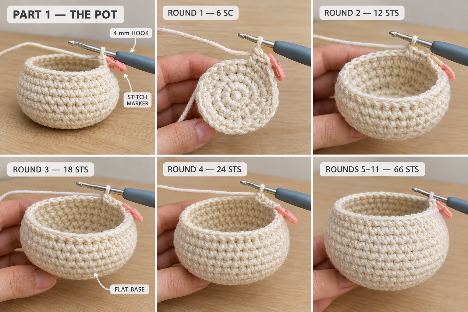 Step-by-step panels of the cream crochet pot, from the magic ring base to the finished belly-shaped walls, worked on a 4 mm hook with a stitch marker