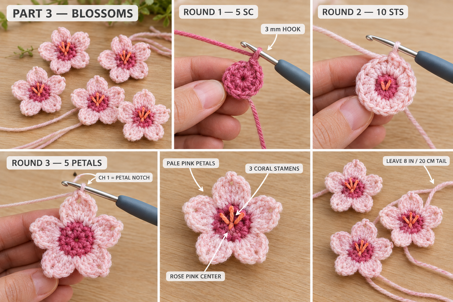 Step-by-step panels of a crochet cherry blossom: rose pink center rounds, five pale pink notched petals, three coral stamens and an 8-inch tail left for attaching