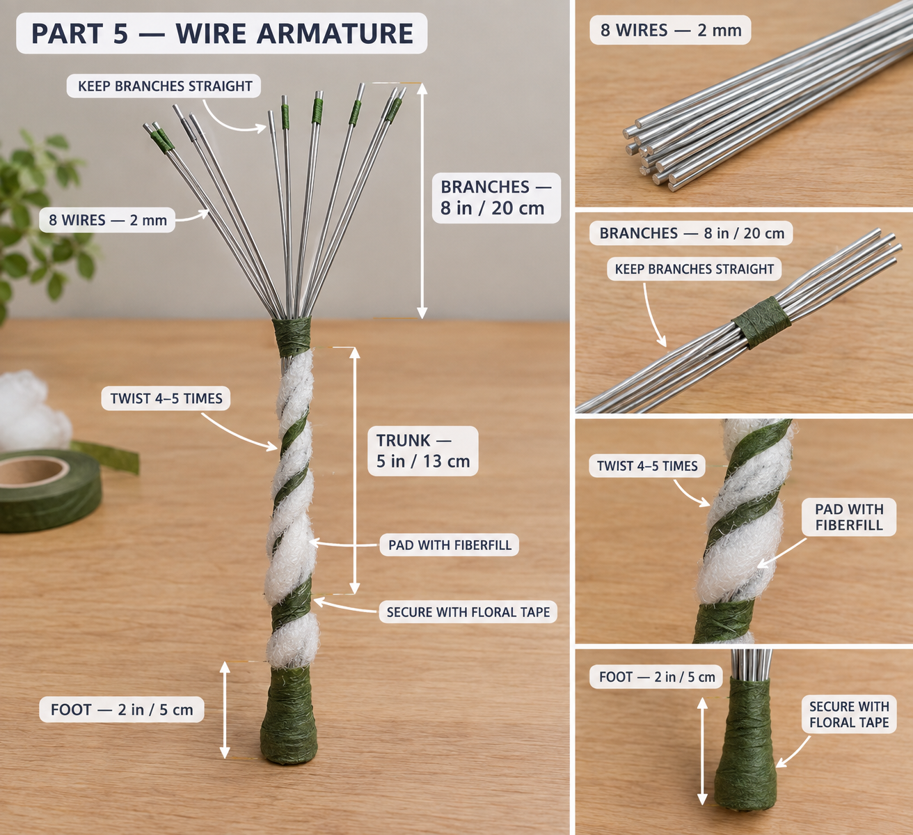 Wire armature for the crochet bonsai: eight 2 mm aluminum wires with a taped foot, a twisted trunk padded with fiberfill and floral tape, and straight branch wires