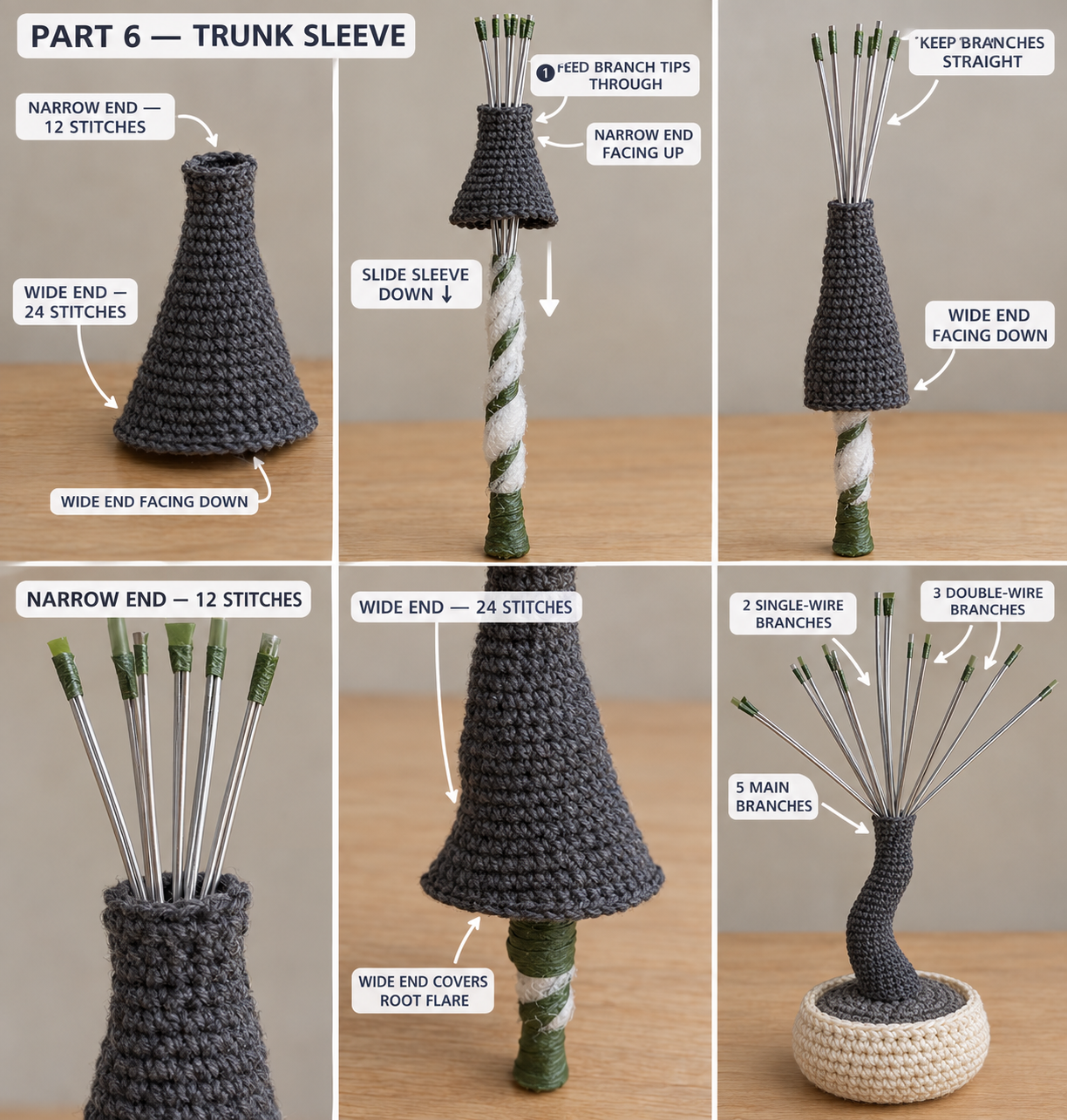 Panels showing the charcoal crochet trunk sleeve with its 24-stitch wide end and 12-stitch narrow end, slid down over the taped branch wires until the wide end covers the root flare