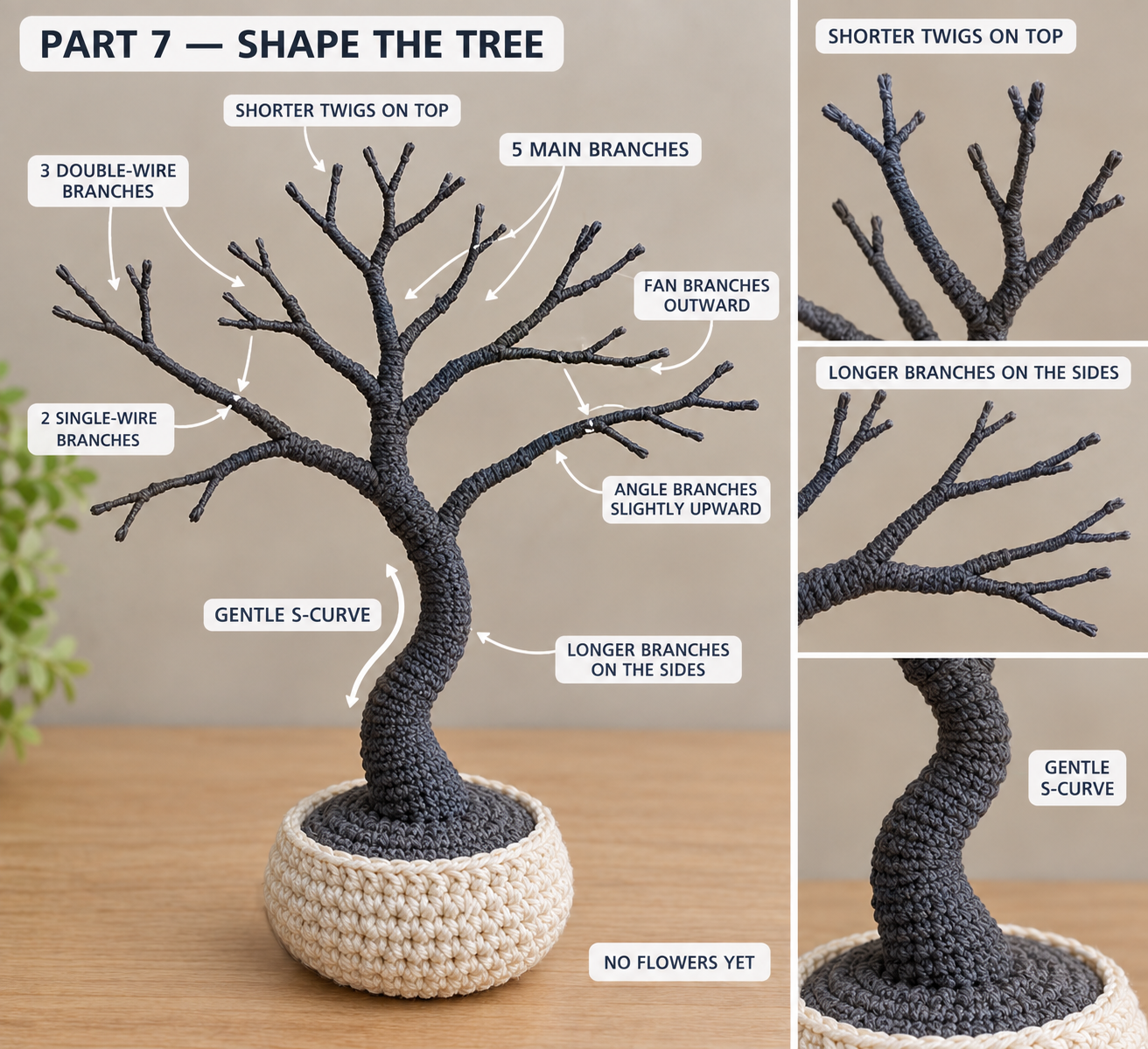 The bare crochet bonsai tree planted in its cream pot, trunk bent into a gentle S-curve, five yarn-wrapped main branches fanned outward, no flowers yet