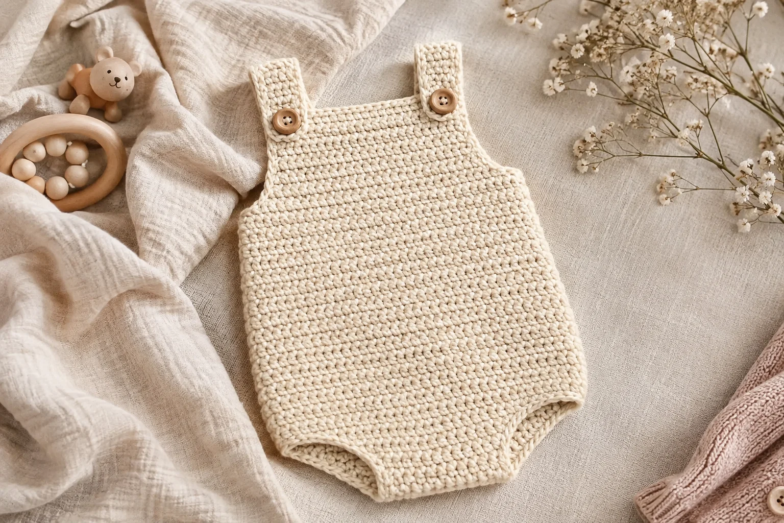 Finished cream crochet newborn baby romper with a sleeveless bubble shape, curved leg openings and two straps buttoned with wooden buttons, laid flat on linen beside a wooden teether and dried flowers