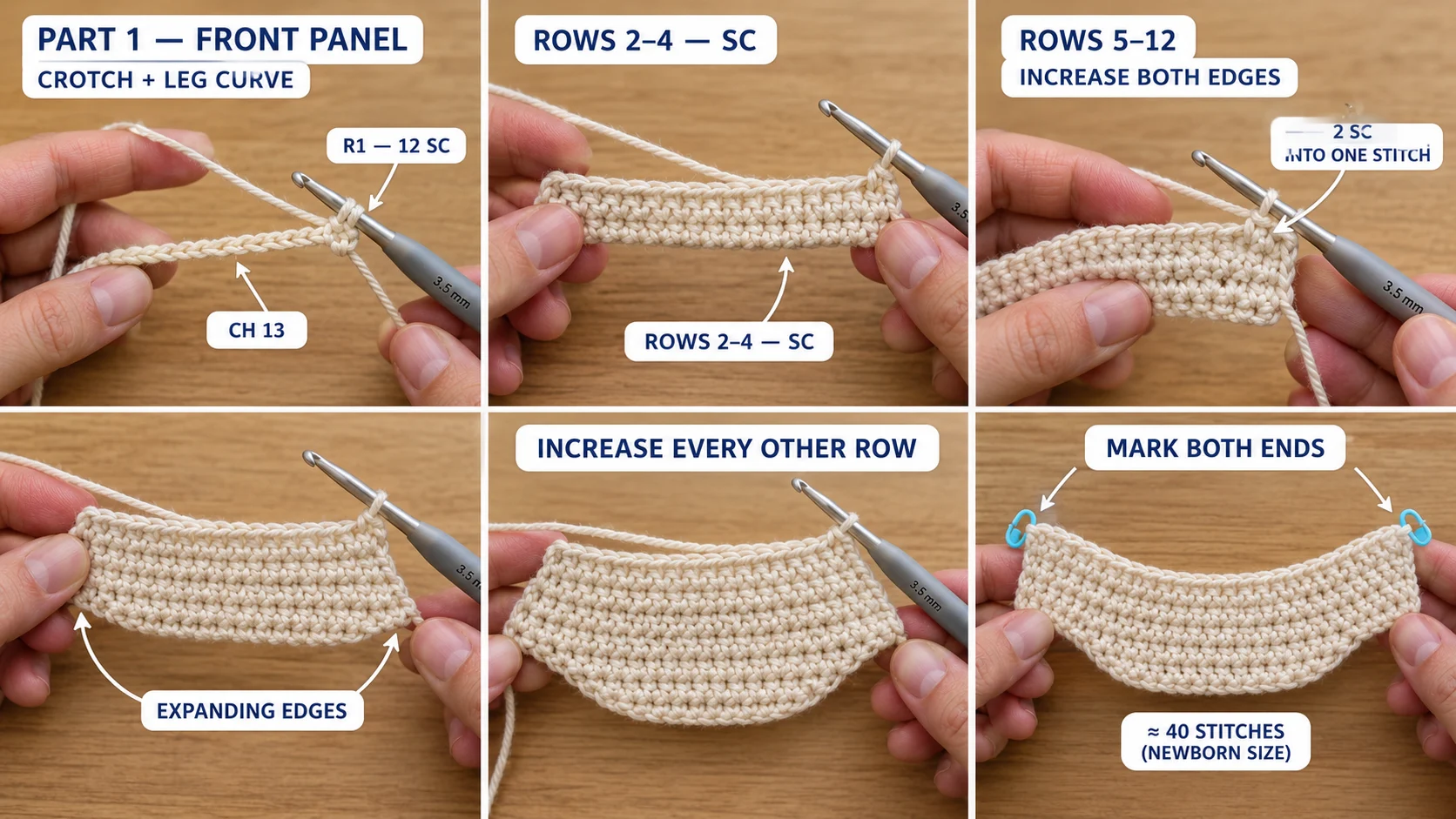 Step 1 of the newborn baby romper: a narrow crotch strip of 12 single crochet in cream cotton, increases at both edges every row, then every other row, curving out into the leg openings, with markers at the top of the curve