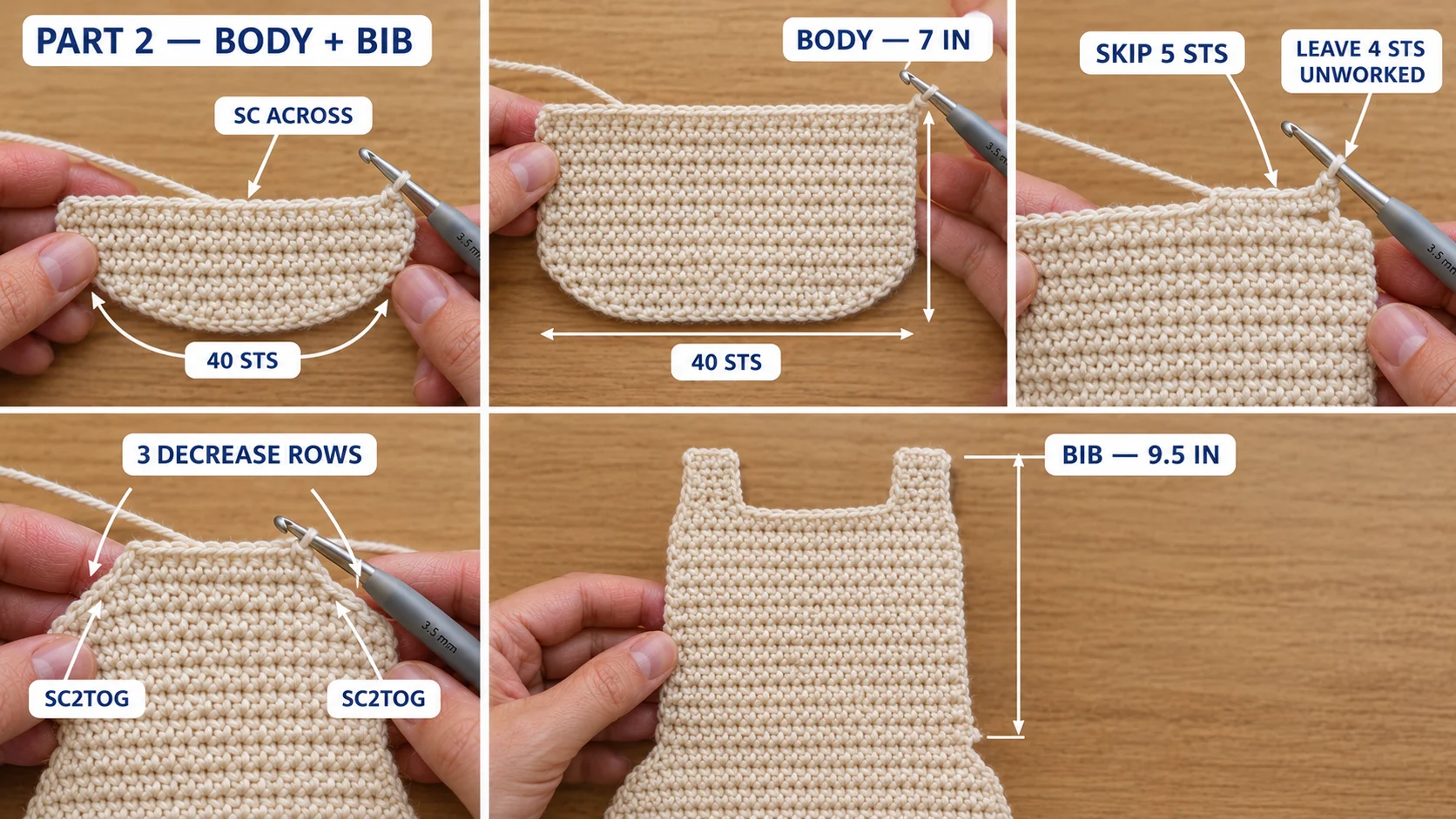 Step 2 of the newborn baby romper: the cream front panel worked straight up to 7 inches, four stitches skipped at each side for the armholes, three decrease rows, and a straight bib finished at 9.5 inches