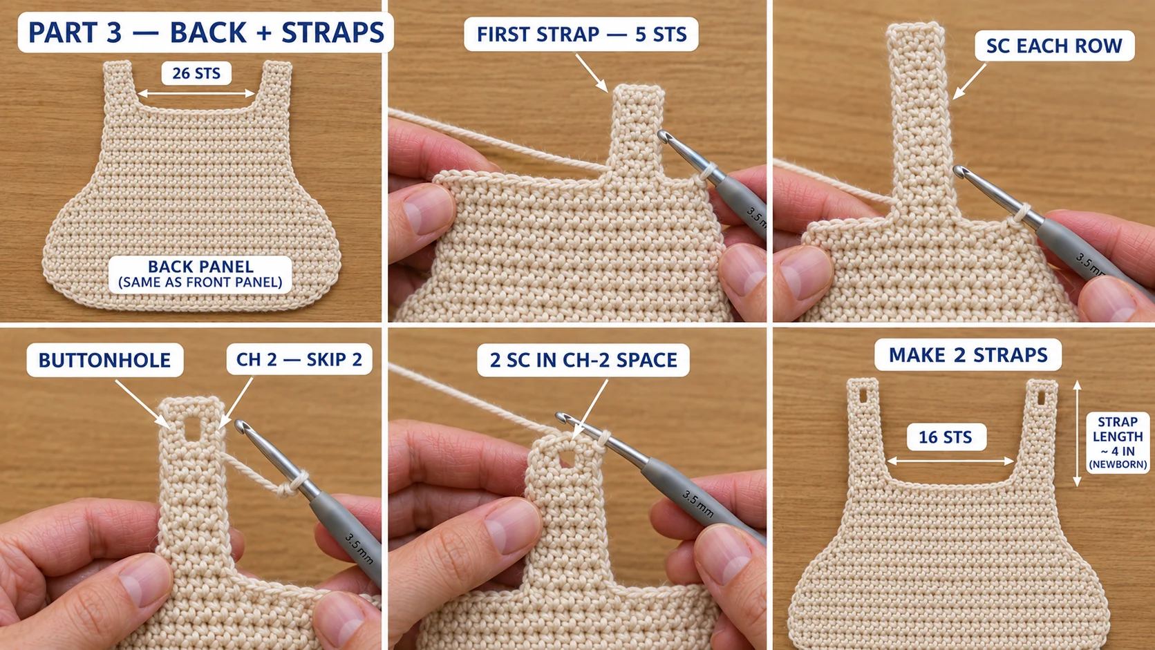 Step 3 of the newborn baby romper: the back panel with two five-stitch straps worked up from the bib corners, a two-stitch buttonhole near each strap end, and both panels laid side by side