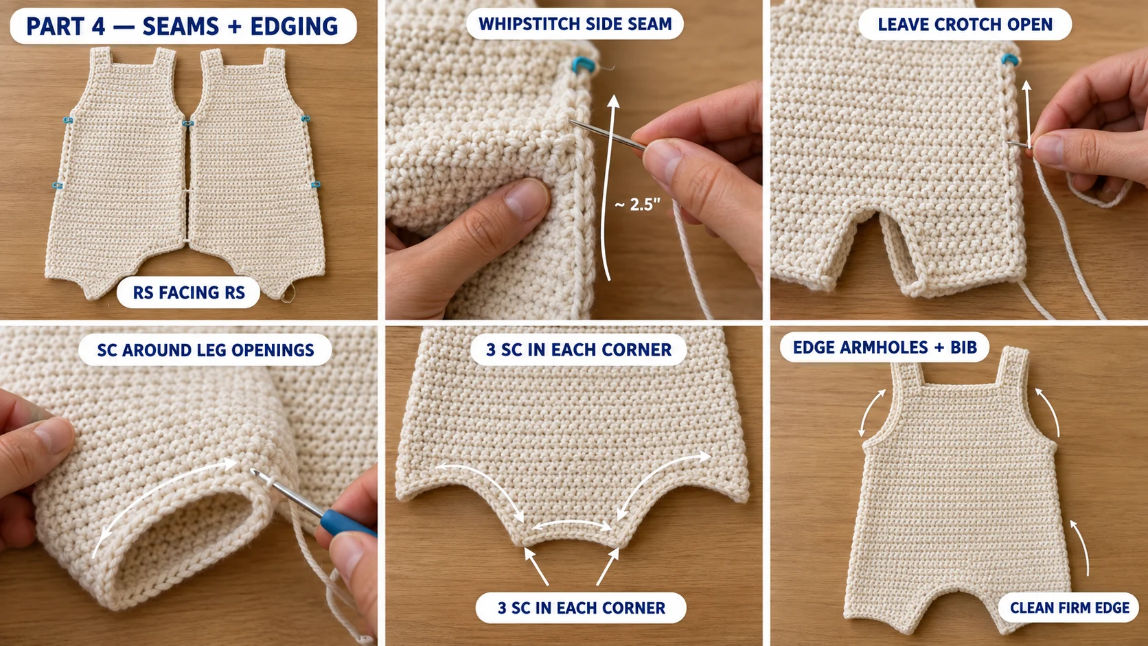 Step 4 of the newborn baby romper: the side seams whipstitched from the markers to the underarms, a round of single crochet edging around both leg curves and crotch strips, and the armholes, bib and straps edged in cream