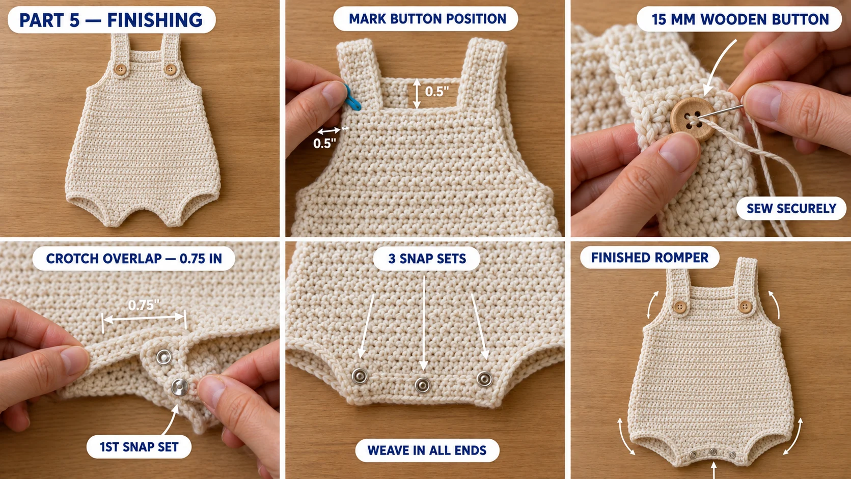 Step 5 of the newborn baby romper: wooden buttons sewn to the front bib under the strap buttonholes, three snaps across the crotch strips, and the finished cream romper laid flat