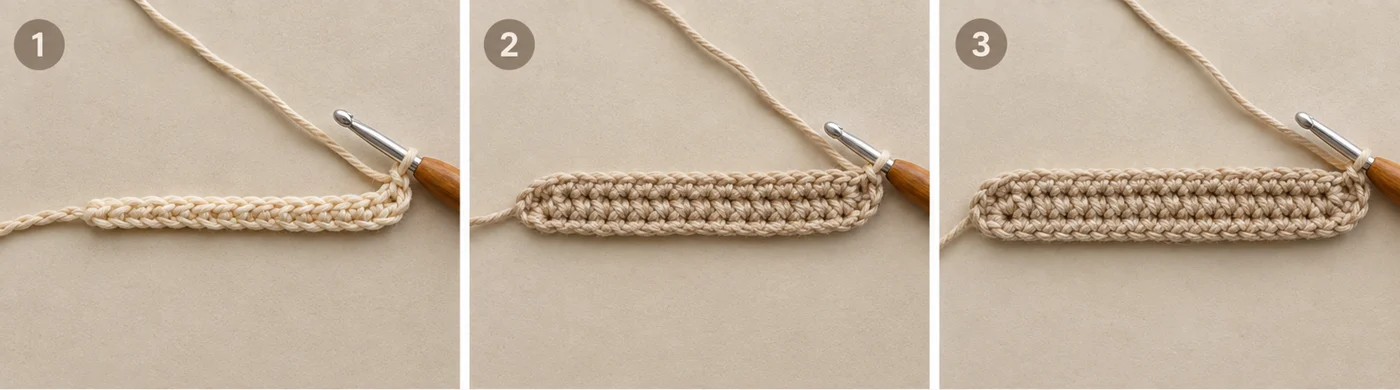 Step 1 of the ocean wave crochet coaster: the foundation chain and the first rows of single crochet in sand-colored cotton, growing into a wide band with rounded ends