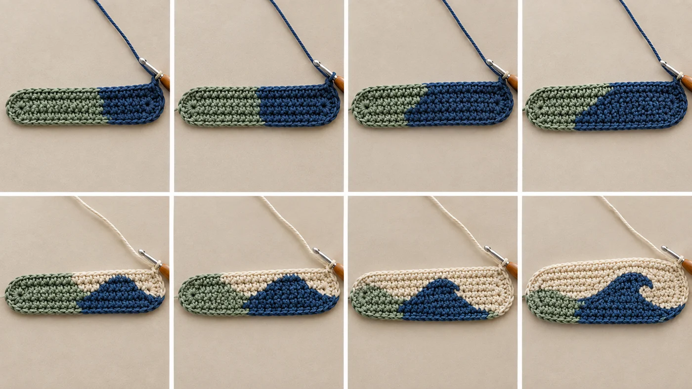Step 2 of the ocean wave crochet coaster: the sage green water on one side and the navy wave growing beside it, then the cream sky filling in around the rising peak