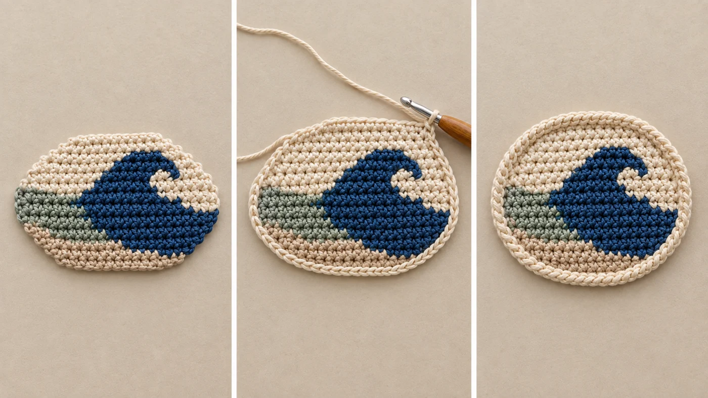 Step 4 of the ocean wave crochet coaster: the stepped circle before the border, then a round of cream single crochet worked around the edge, then the finished rope-like reverse single crochet border