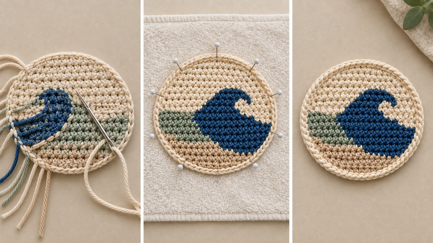 Step 5 of the ocean wave crochet coaster: weaving the yarn tails in on the back, pinning the coaster into a circle on a towel for blocking, and the finished ocean wave coaster