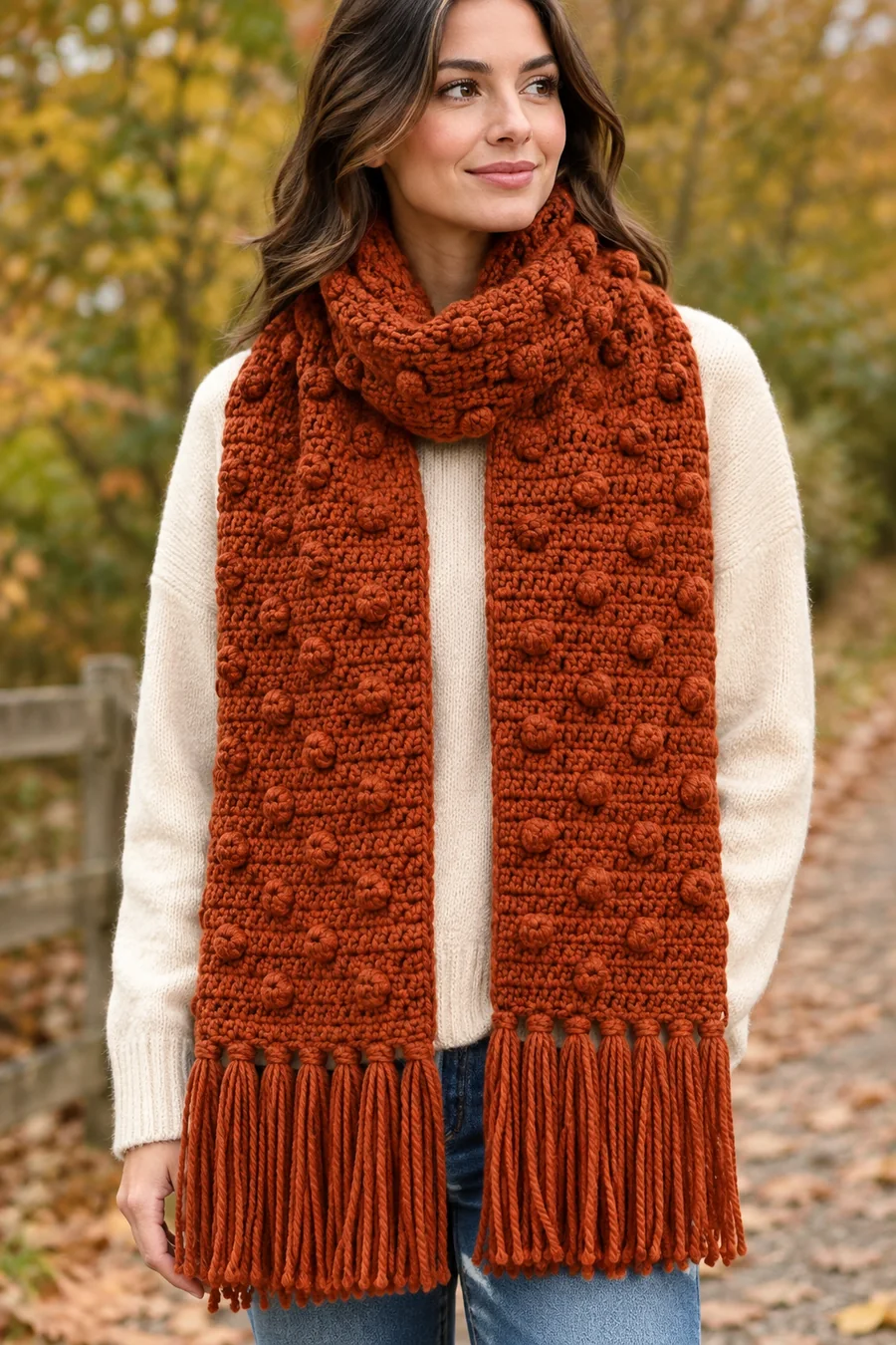 Woman in a cream sweater wearing a rust oversized crochet scarf with raised bobbles and a long fringe, on an autumn path
