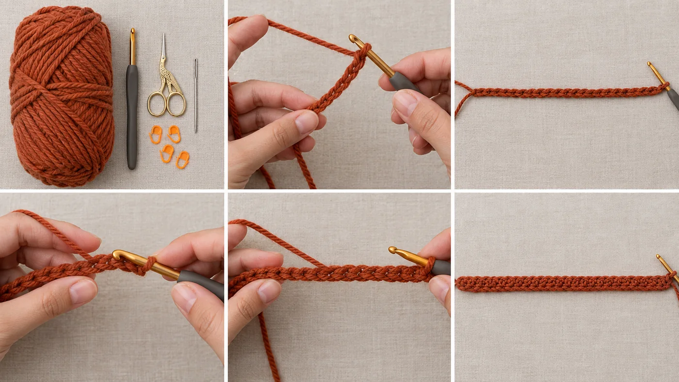 Step 1 of the oversized crochet scarf: rust bulky yarn, hook, scissors and markers, then the foundation chain of 48 and the first row of 47 single crochet