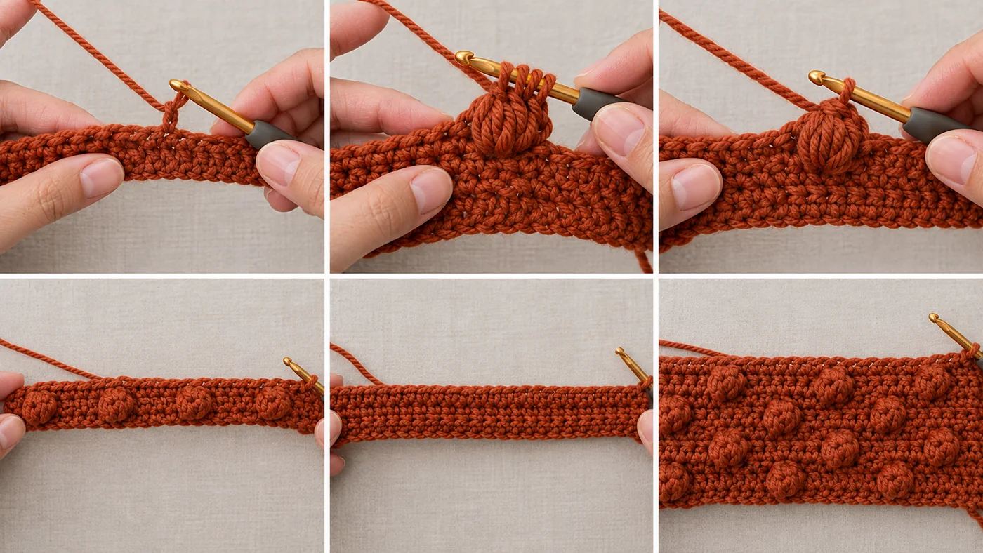 Step 2 of the oversized crochet scarf: four partial double crochets gathered on the hook and closed into a bobble, a row of bobbles, a plain single crochet row, and the staggered bobbles of the first repeat