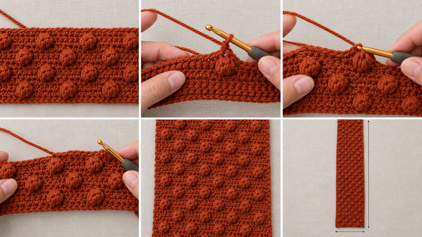 Step 3 of the oversized crochet scarf: repeating the bobble rows, staggered rust bobbles in a brick pattern, and the full-length scarf body laid flat