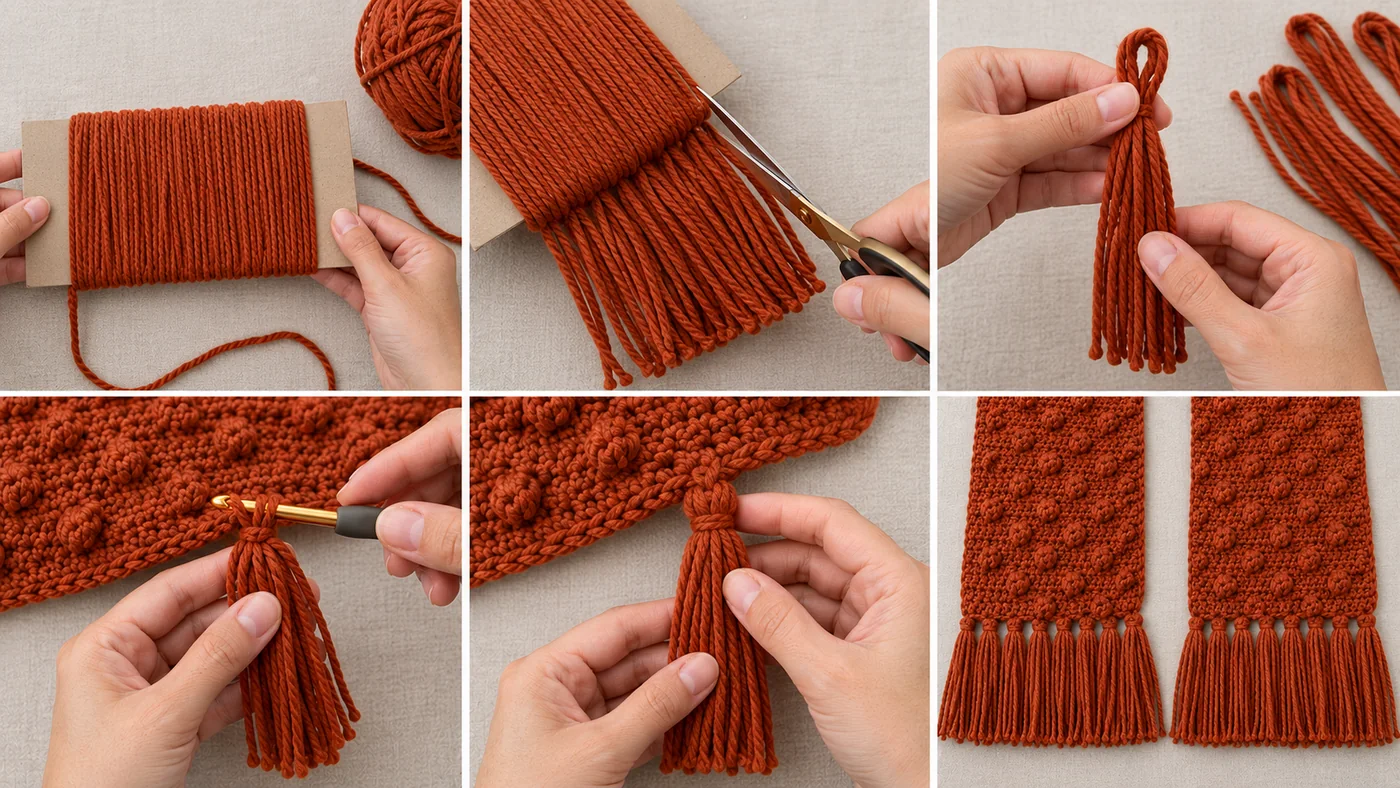 Step 4 of the oversized crochet scarf: wrapping yarn around cardboard, cutting the strands, folding a 5-strand bundle and pulling it through the edge with the hook to knot a tassel