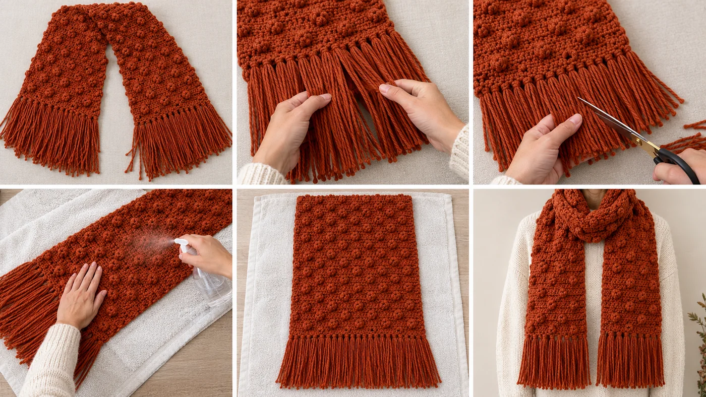 Step 5 of the oversized crochet scarf: combing and trimming the fringe, misting the scarf flat on a towel to block it, and the finished rust scarf worn over a cream sweater