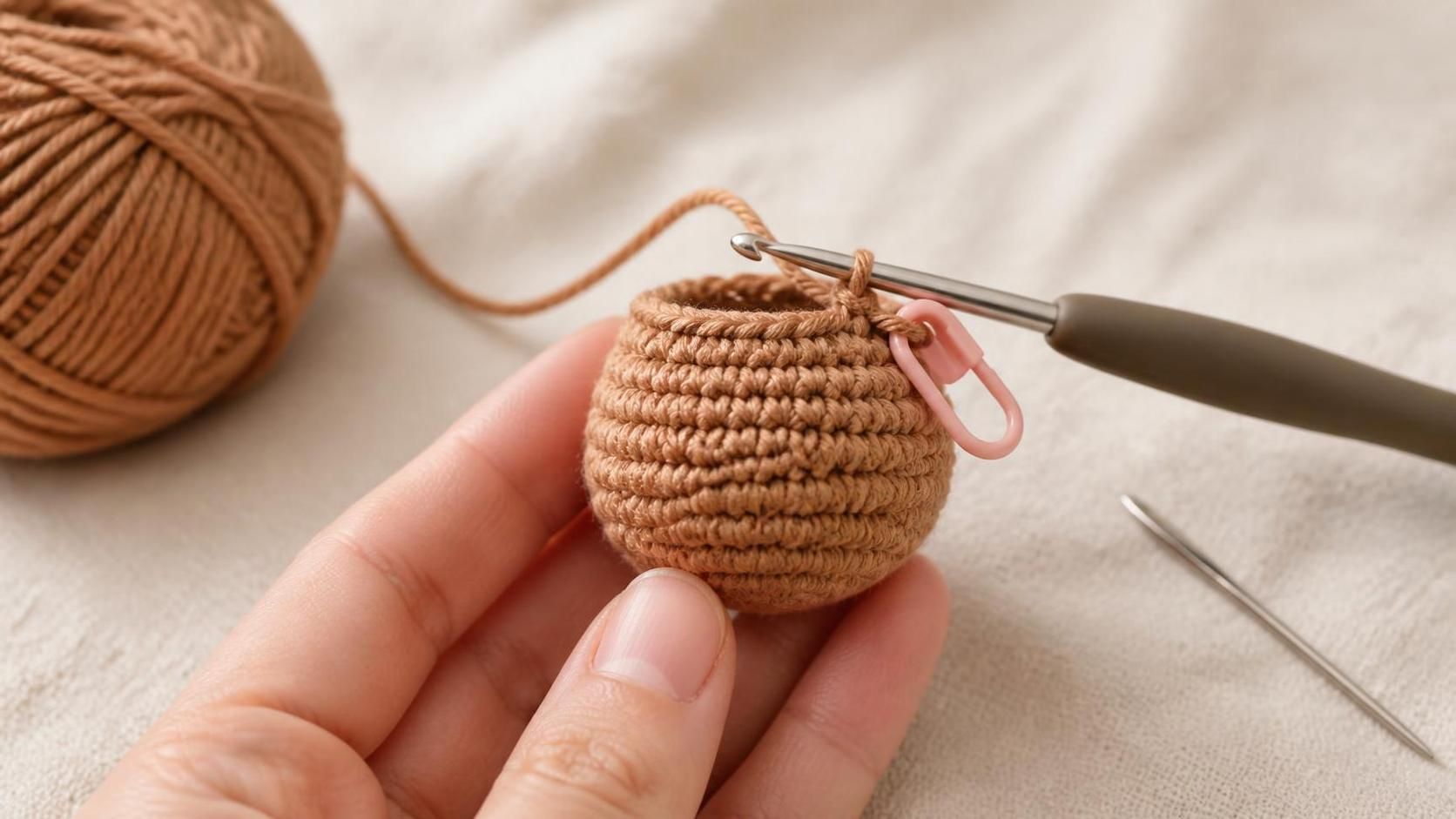 Overhead close-up of the mini crochet owl body in progress at round 6 — a small round tan cotton amigurumi ball on a 2.5 mm silver hook, ball of camel cotton DK yarn softly blurred left, locking stitch marker clipped into the working stitch and a silver tapestry needle beside on cream linen
