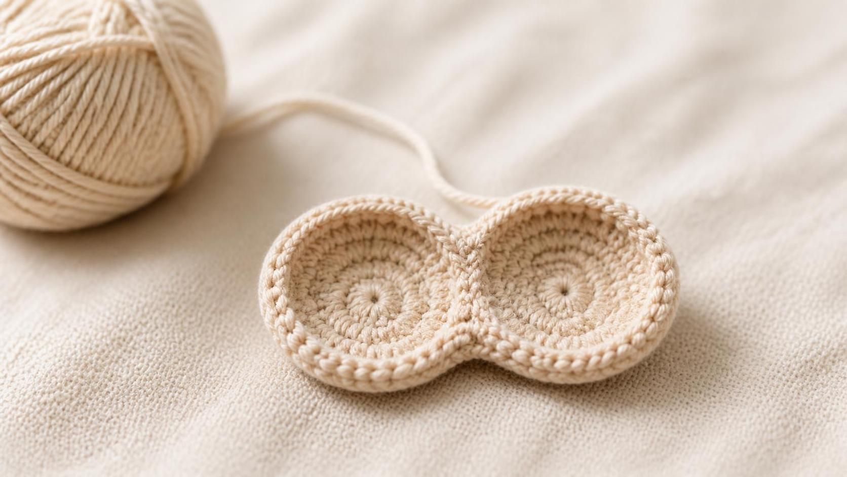 Overhead macro close-up of one finished mini cream cotton crochet face disc — a shallow double-lobed oval about 3 cm wide with two round dips that will frame the owl's eyes, lying flat on cream linen beside a small ball of cream cotton DK yarn