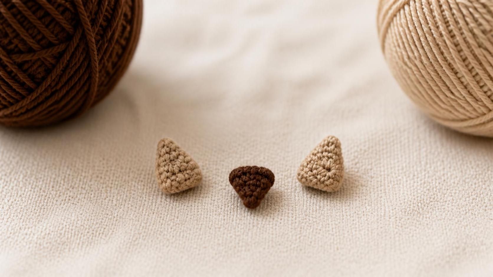 Close-up on cream linen — one tiny dark brown crochet triangle beak (about 5 mm) and two small tan ear-tuft cones (about 8 mm each), plus a small ball of espresso brown cotton DK yarn and a ball of tan yarn softly blurred