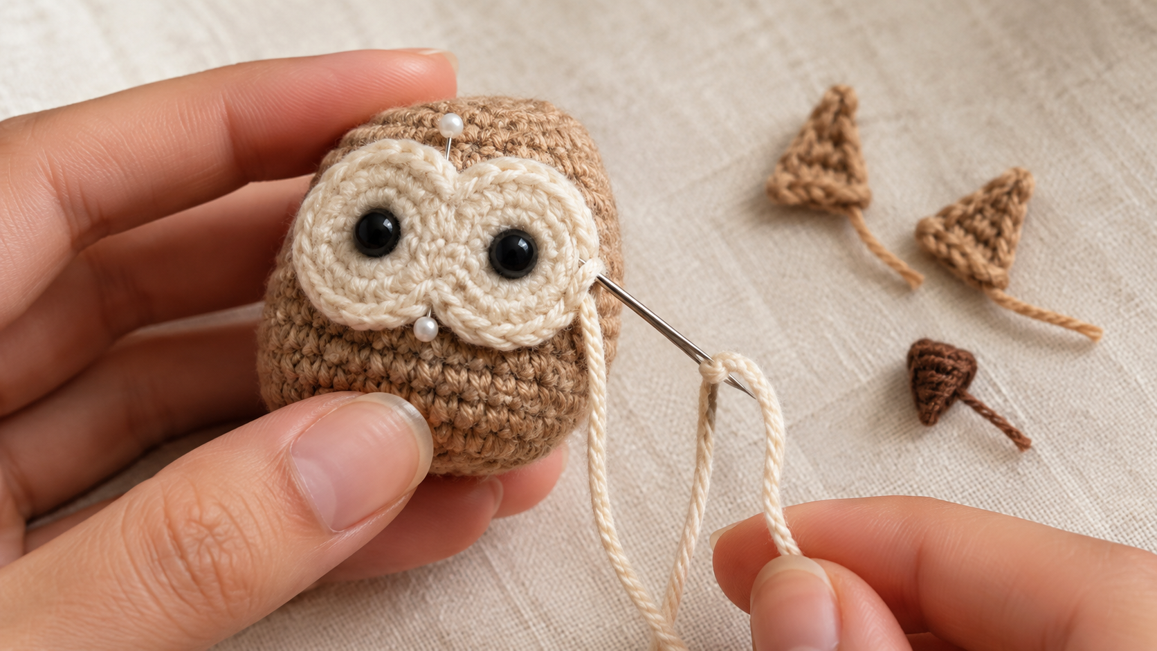 The final assembly in progress — a mini tan crochet owl body being held between two fingertips, the cream figure-eight face disc pinned to the front over the two black safety eyes, tapestry needle threaded with cream yarn mid-whip-stitch attaching the disc, tiny brown beak and two ear tufts waiting on cream linen beside the owl