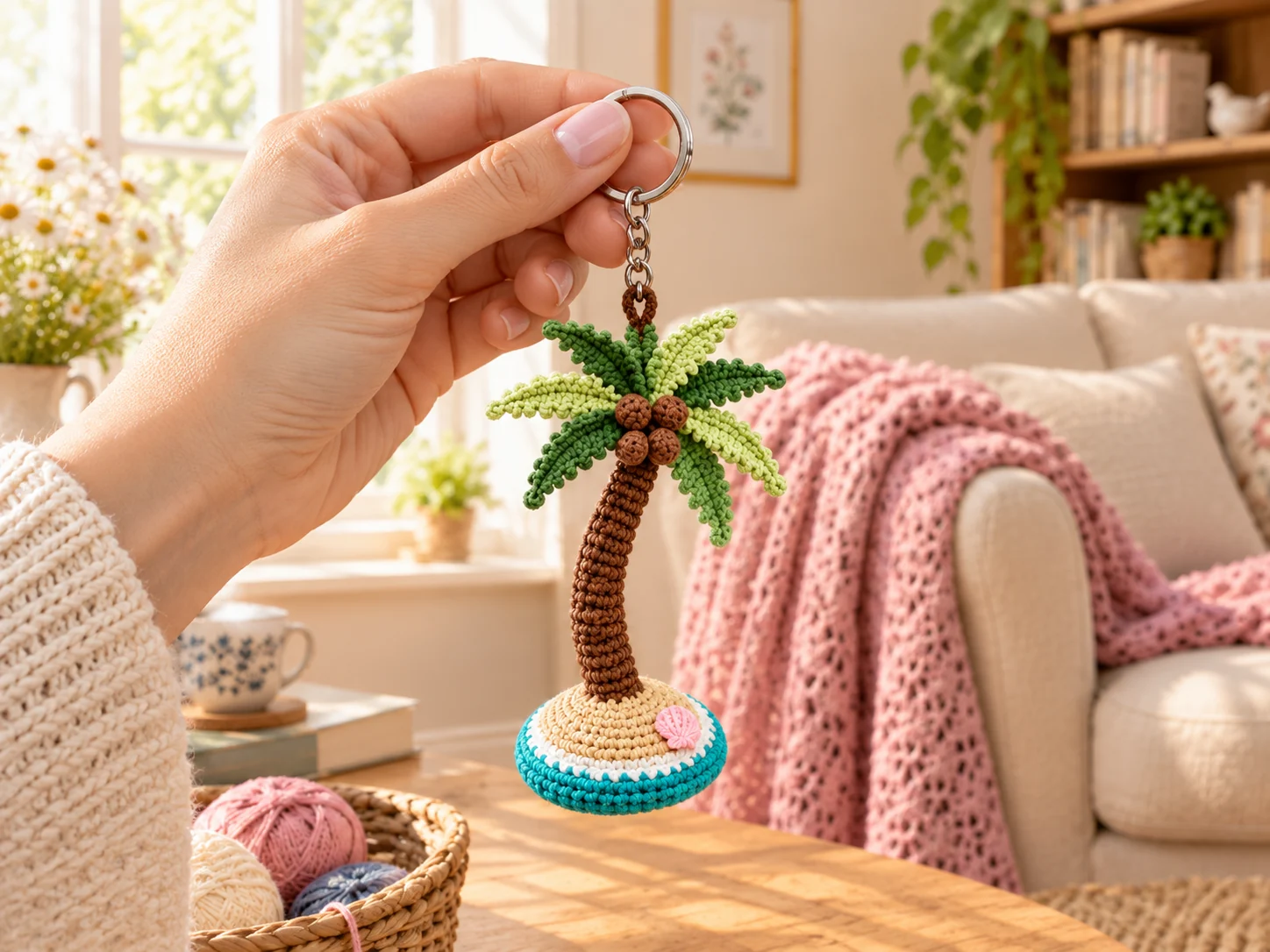 Crochet palm tree keychain held up by its silver keyring in a cozy living room, with a ridged brown trunk, six frilly green leaves, coconuts, and a sandy island base edged in white and turquoise with a small pink shell