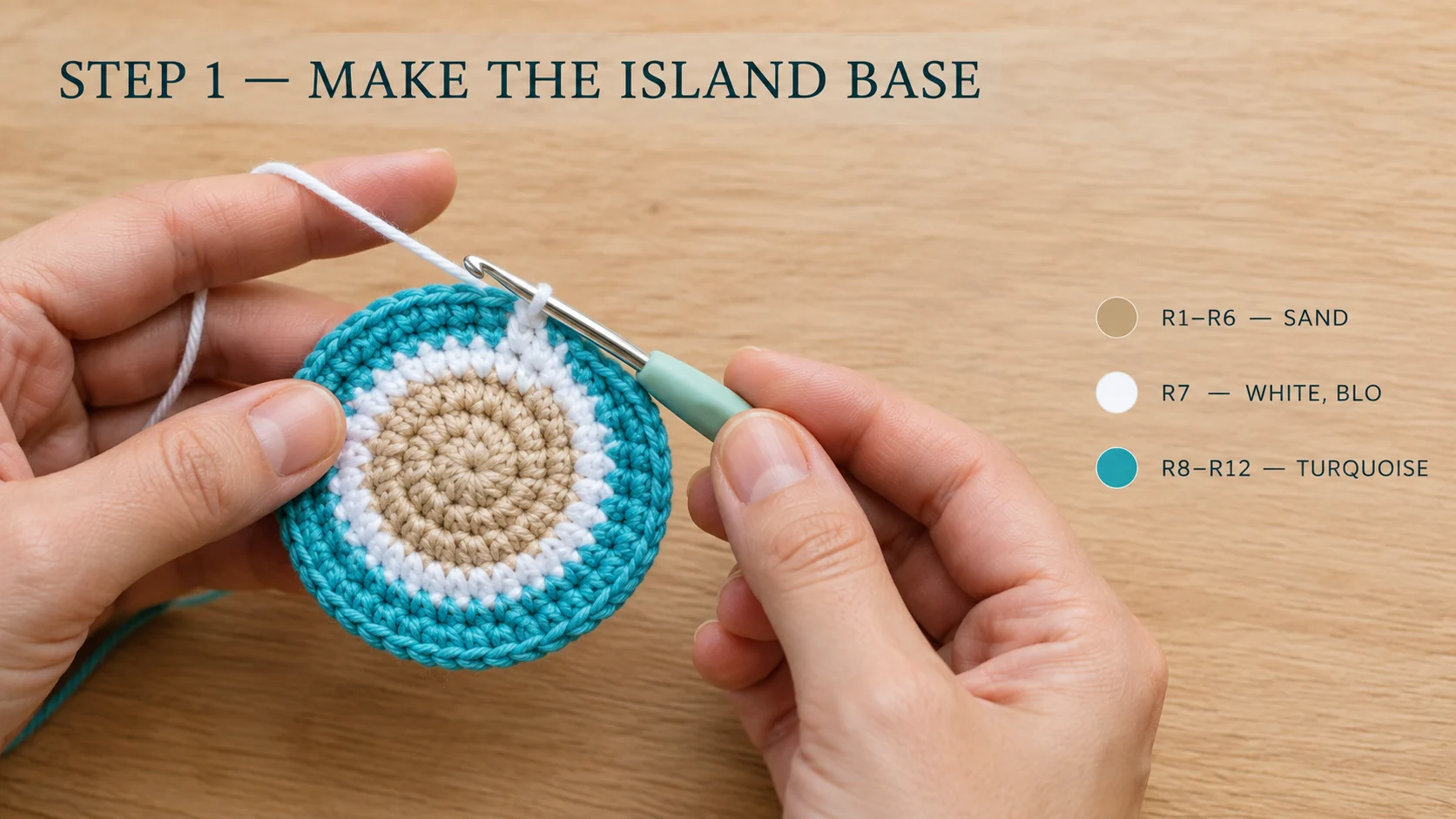 Step 1 of the crochet palm tree keychain: the island base in progress on the hook, a sand-beige disc (R1–R6) edged with one white back-loop round (R7) and turquoise rounds (R8–R12)