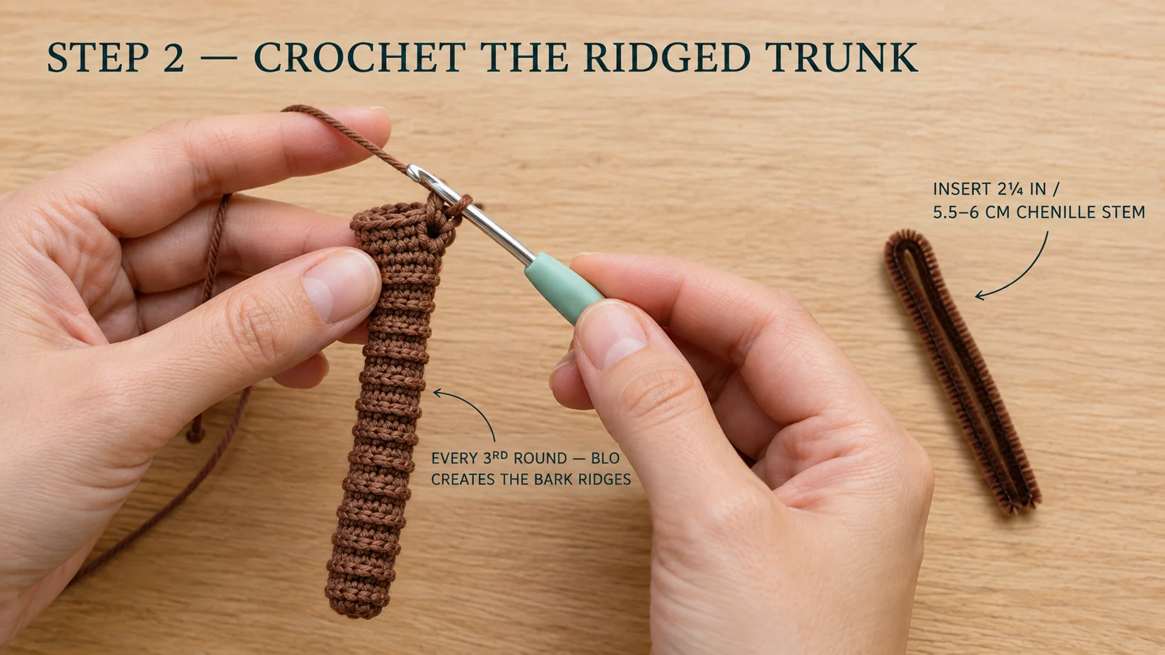 Step 2 of the crochet palm tree keychain: a brown trunk tube on a 2.5 mm hook showing the bark ridges made by working every third round in the back loop only, beside a folded brown chenille stem ready to insert
