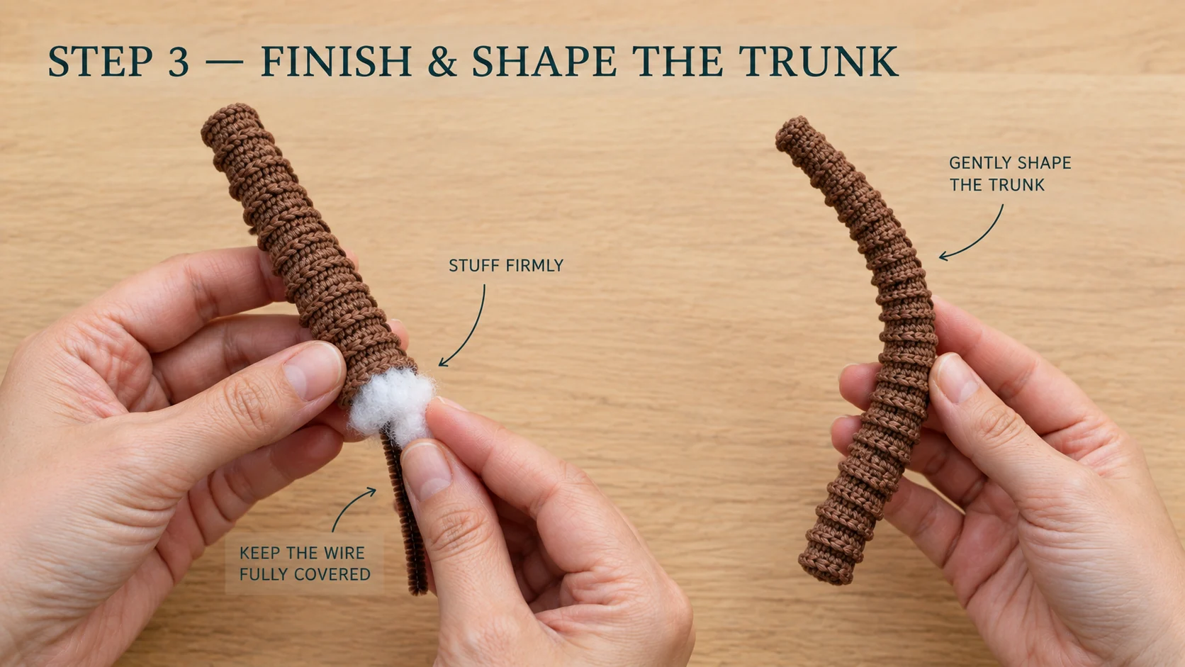 Step 3 of the crochet palm tree keychain: hands packing stuffing around the pipe cleaner inside the brown trunk so the wire stays fully covered, next to a finished trunk gently bent into a curve