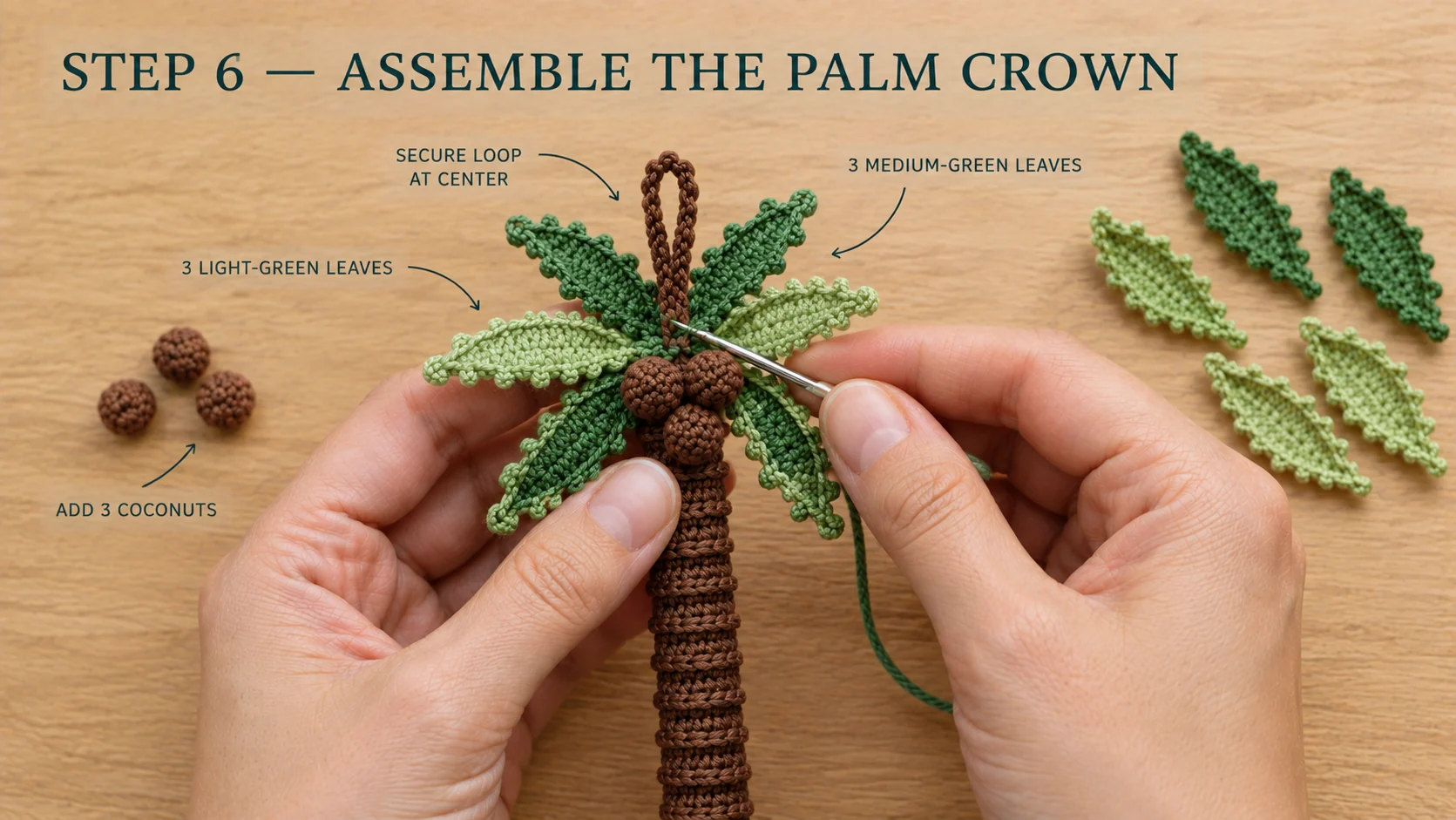 Step 6 of the crochet palm tree keychain: hands sewing six picot-edged leaves in light and medium green around the top of the ridged brown trunk, with the brown keyring loop secured at the center and three small coconuts nestled between the leaves