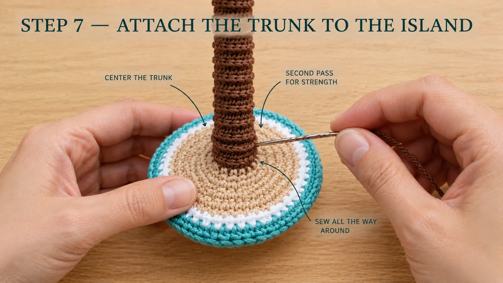 Step 7 of the crochet palm tree keychain: the ridged brown trunk centered on the sandy top of the island base and whipstitched all the way around, with the white wave round and turquoise edge below