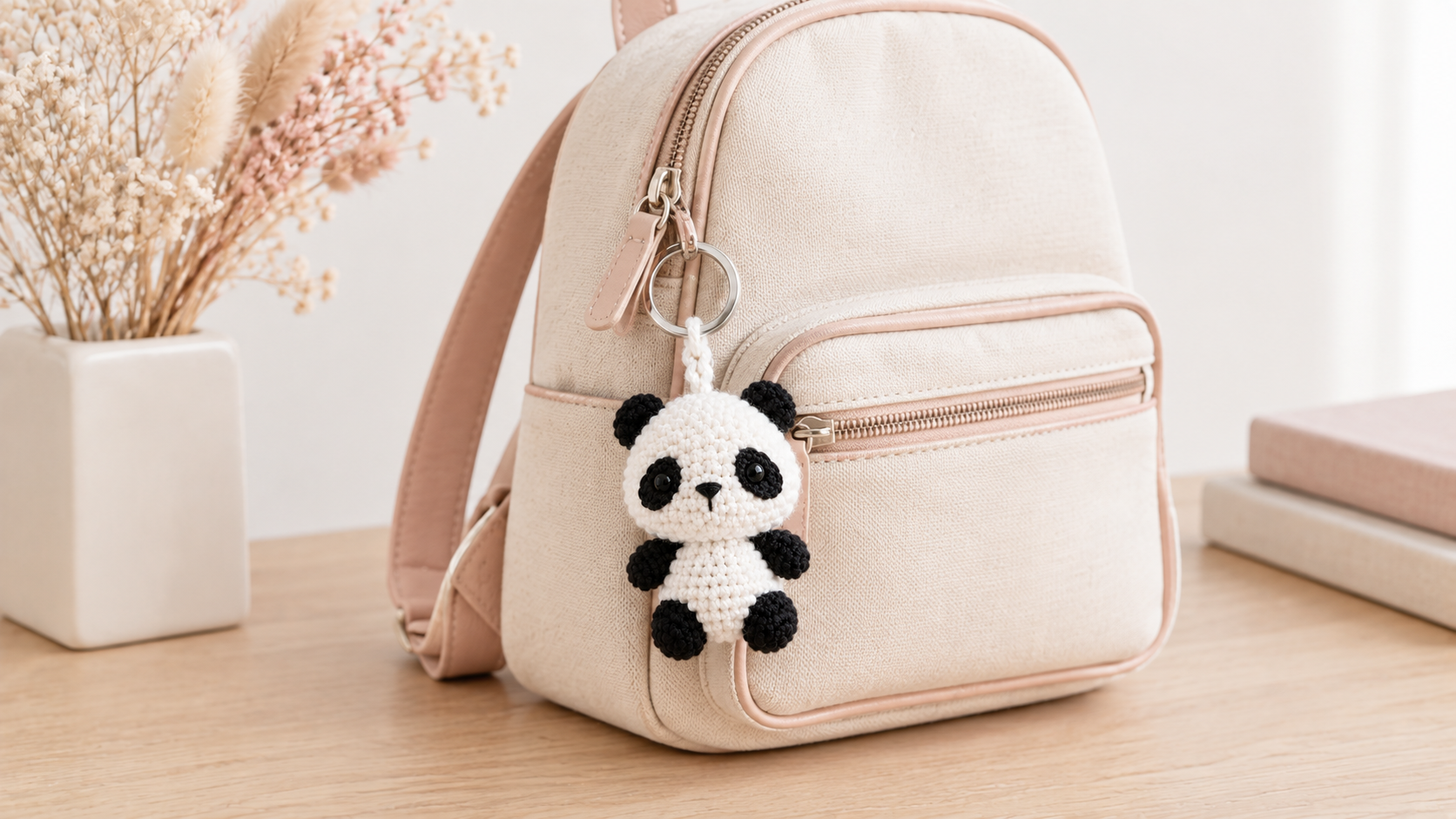 Handmade black and white crochet panda amigurumi keychain hanging from a small silver split ring on the zipper of a cream canvas mini backpack with soft blush pink leather straps, styled on a pale oak wood surface with a matte cream ceramic vase of dried blush pampas grass and a stack of blush notebooks against a bright white studio wall