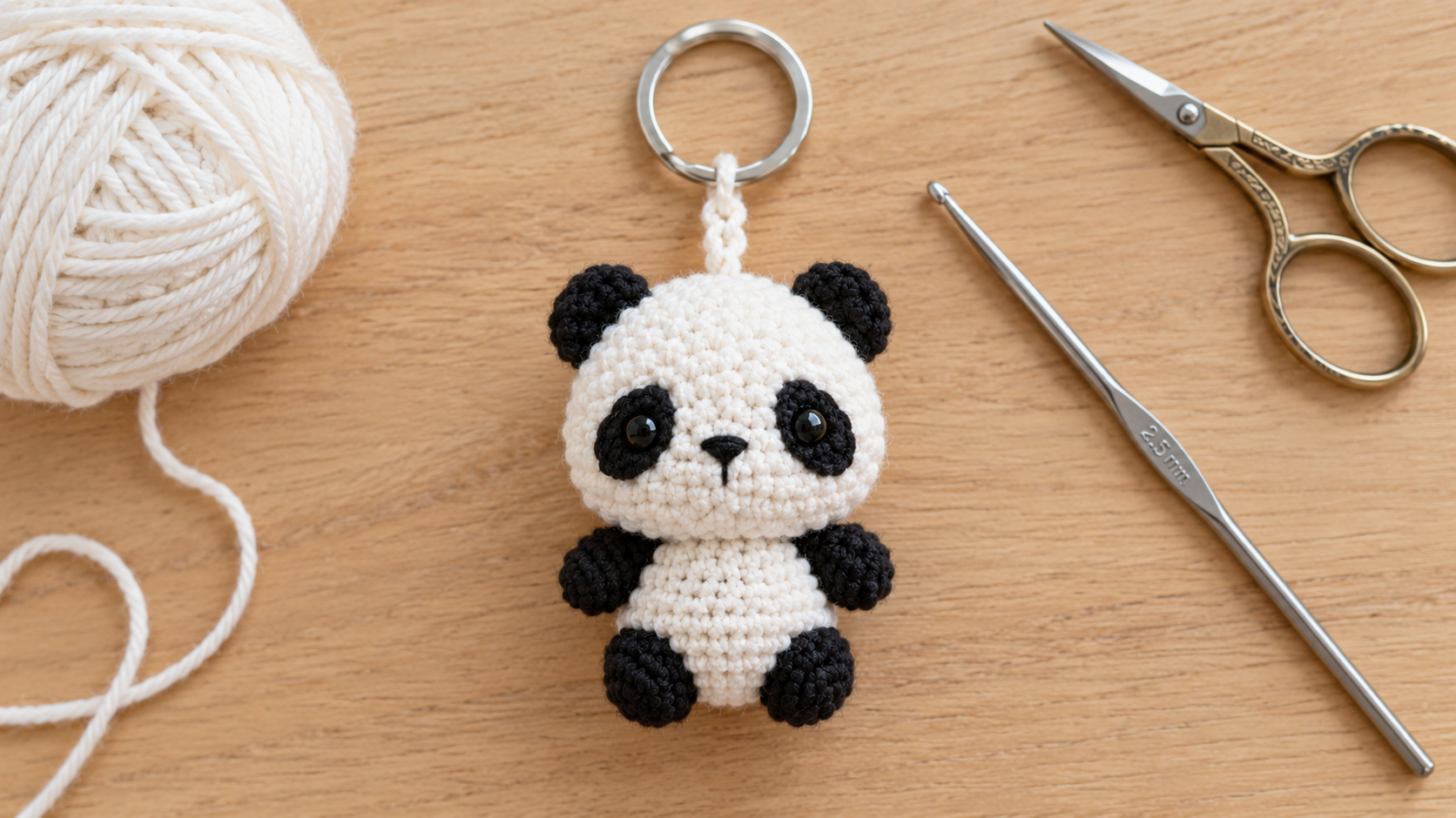Overhead flat-lay of the completed black and white panda keychain amigurumi laid on a light oak surface next to a small silver split ring, a 2.5 mm metal crochet hook, a mini ball of white cotton yarn, and small gold embroidery scissors