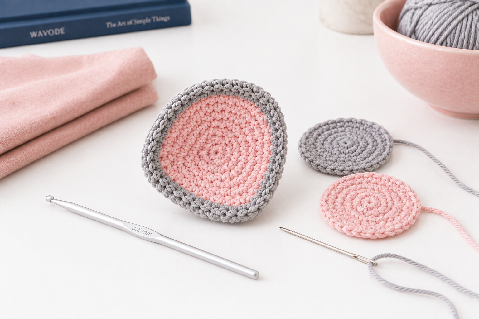One finished two-tone crochet elephant ear with a smaller pink disc centered on a larger grey disc showing an even grey border, next to one unfinished grey disc and one unfinished pink disc, a threaded tapestry needle and a navy WAVODE hardcover book on a pure white surface
