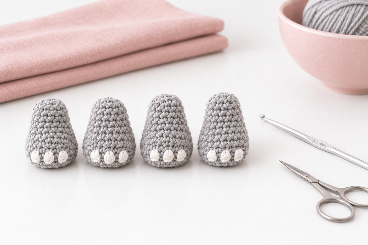 Four grey crochet elephant legs lined up in a row on a pure white surface, each foot showing three tiny white bobble toenails, next to a 3.5 mm hook, small scissors, a folded blush linen and a blush ceramic bowl with a grey yarn ball