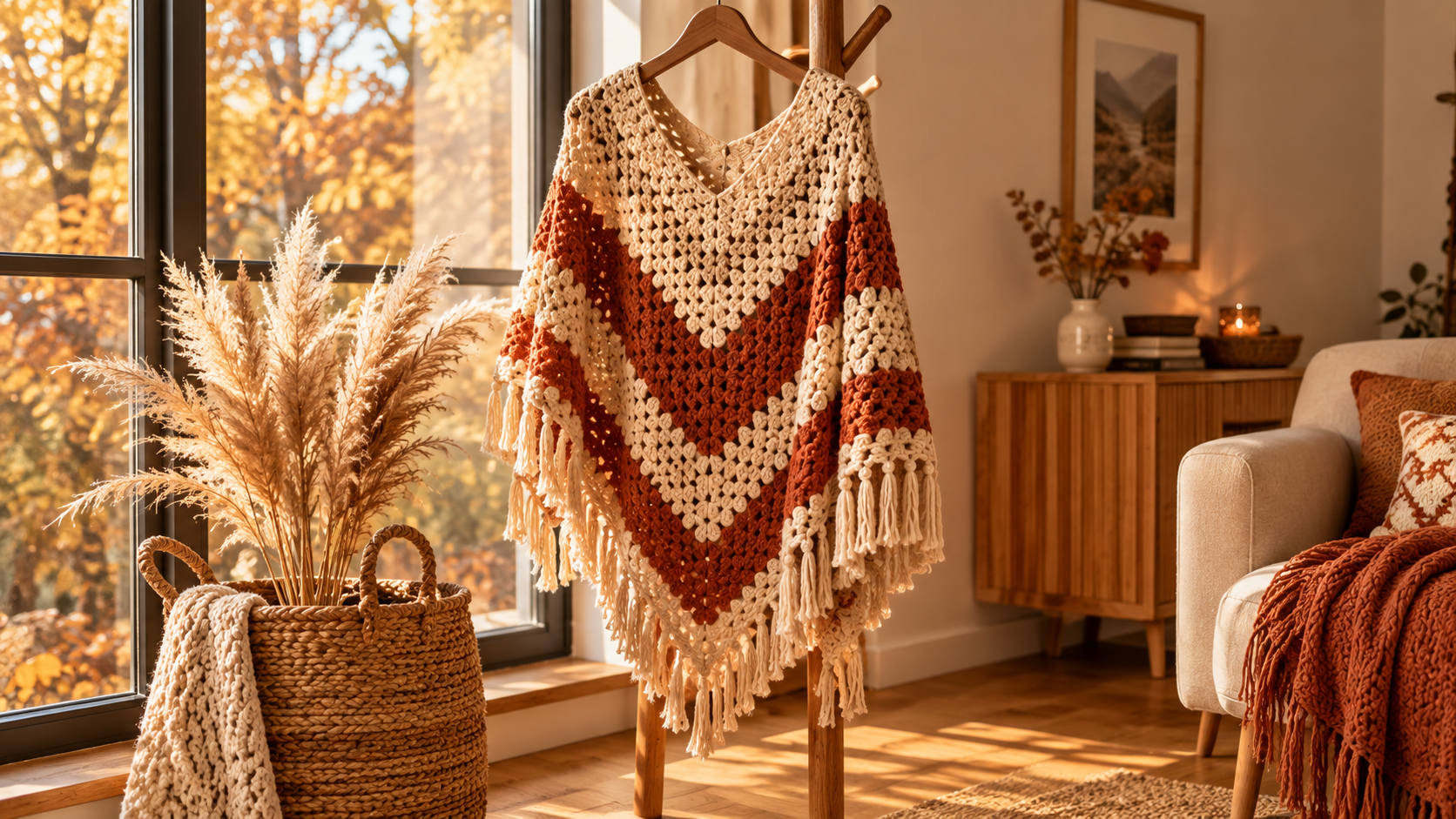 Cream and rust terracotta V-neck granny stripe crochet poncho with long tasseled fringe displayed on a wooden coat rack beside a large window with autumn foliage and pampas grass