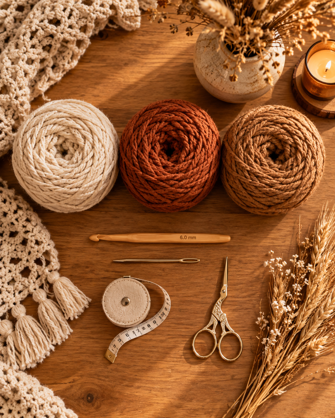 Overhead flat lay of cream, rust terracotta and caramel chunky yarn cakes with a 6mm bamboo crochet hook, tapestry needle, gold scissors and measuring tape on warm oak wood with dried wheat
