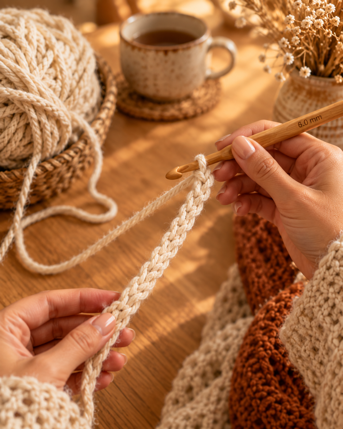 Close-up of hands working a cream chunky yarn foundation chain with a 6mm bamboo hook, cozy autumn light with tea mug and dried florals in background